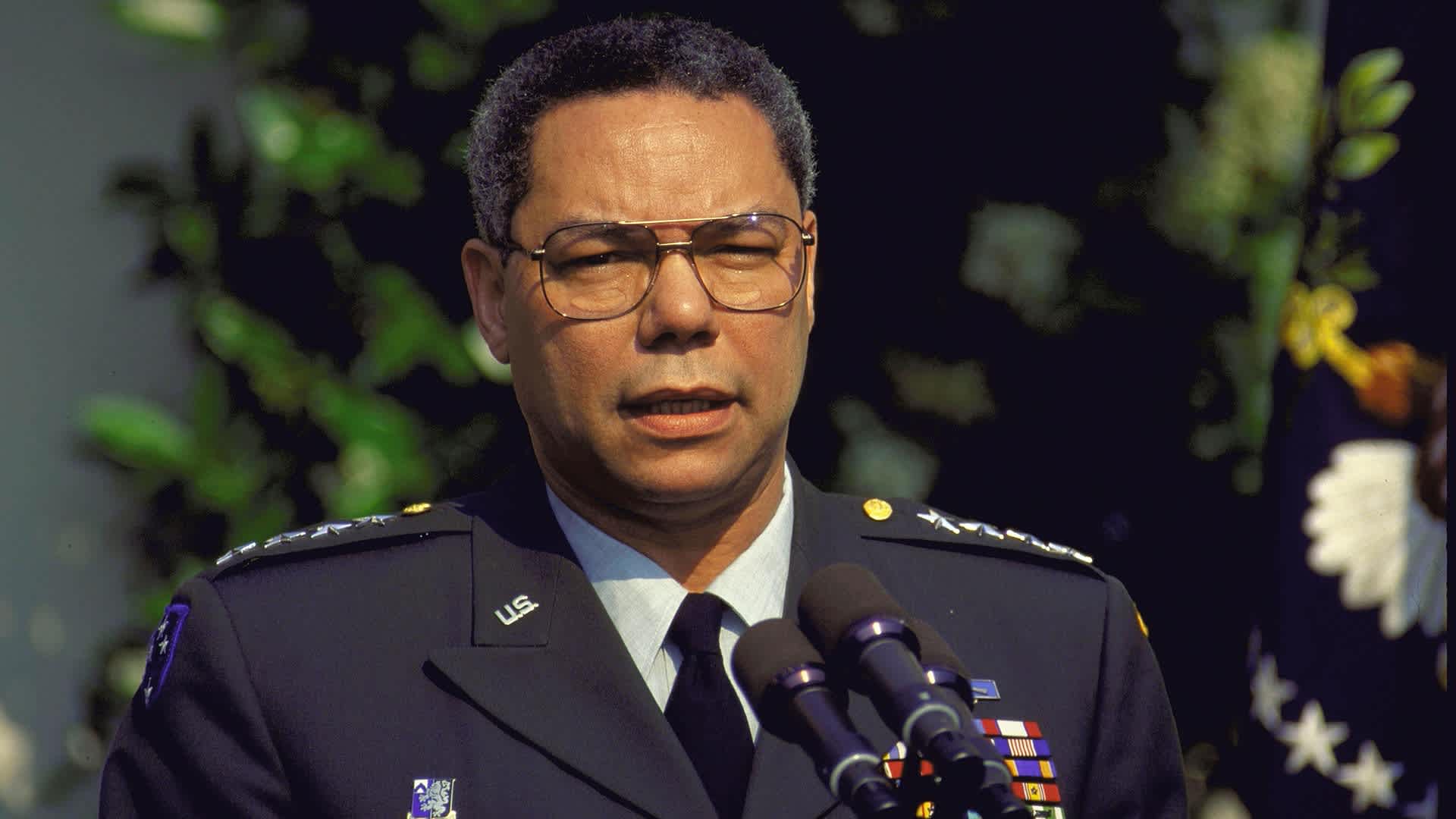 Gen. Colin Powell speaking in WH Rose Garden during Bush announcement of his re-appointment as chmn. of joint chiefs of staff. (Photo by Diana Walker/Getty Images)