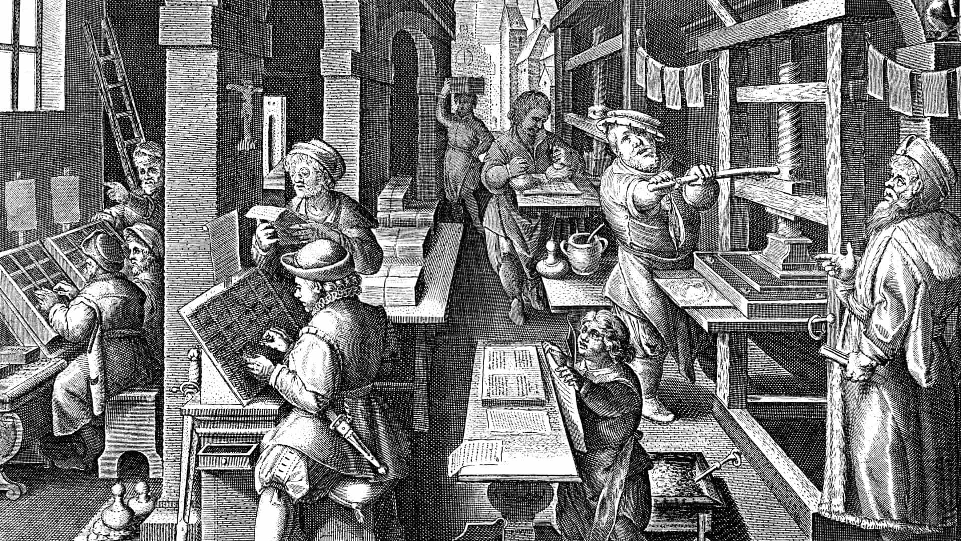 Engraving of a busy medieval scene inside a busy printing office, with tile setters, pressers and more