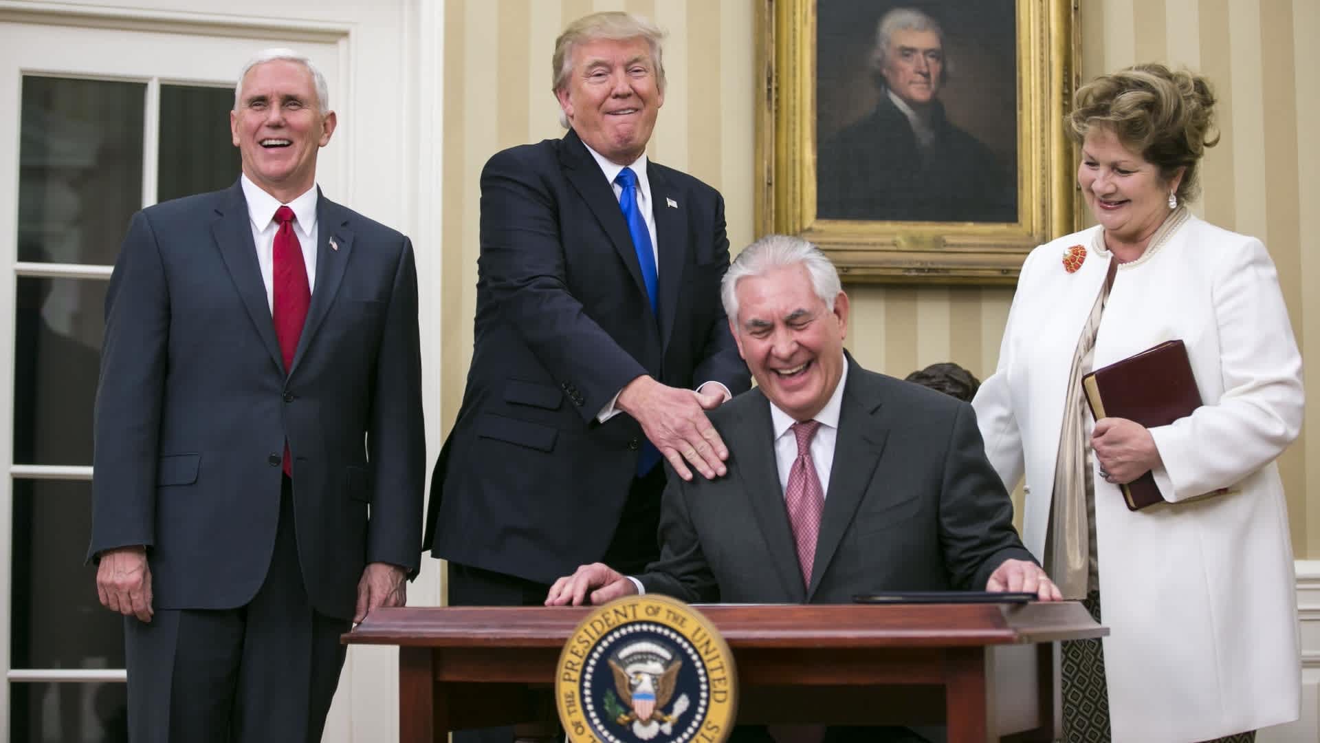 Rex Tillerson with his wife after being sworn in as Secretary of State by President Donald Trump and Vice President Mike Pence in the Oval Office of the White House, February 1, 2017.