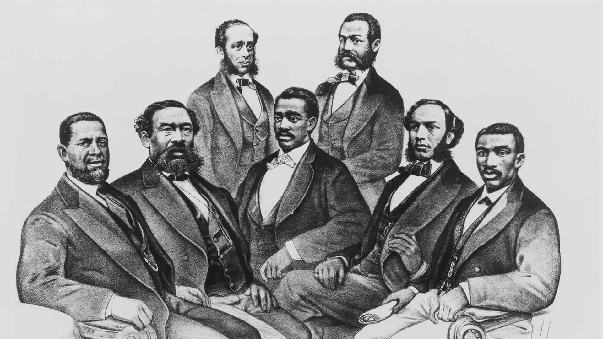 Sketched group portrait of the first black senator, H. M. Revels of Mississippi and black representatives of the US Congress during the Reconstruction Era following the American Civil War, circa 1870-1875.