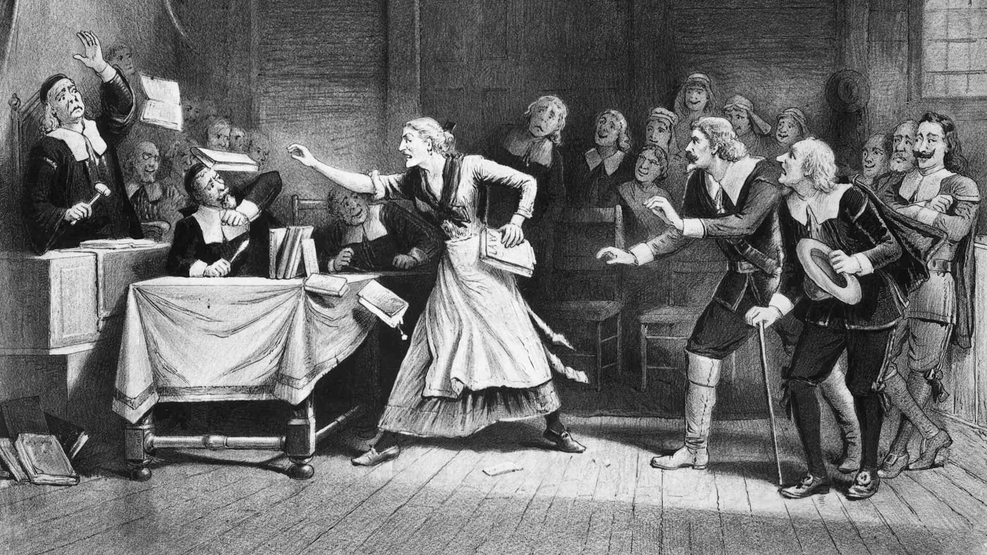 Witch trial in Salem, Massachusetts. Lithograph by George H. Walker.