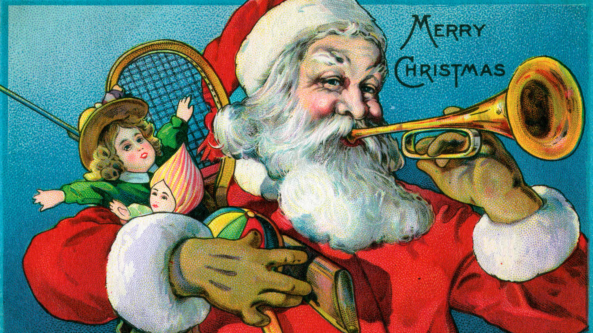 A 1915 chromolithograph illustration of Santa Claus holding toys and blowing on a trumpet.