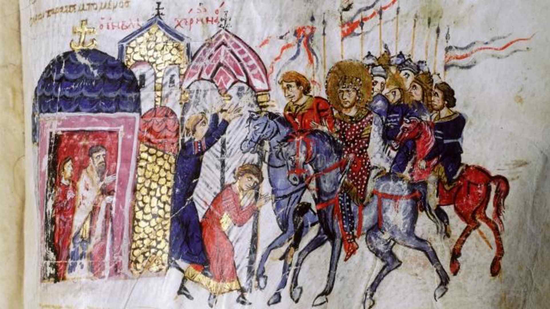 Scylitzes chronicle, Folio 43v. Theophilus with his bodyguard outside the church of Blachernae, dispensing justice to a widow who has approached him with a complaint. Two priests look on from the church door.