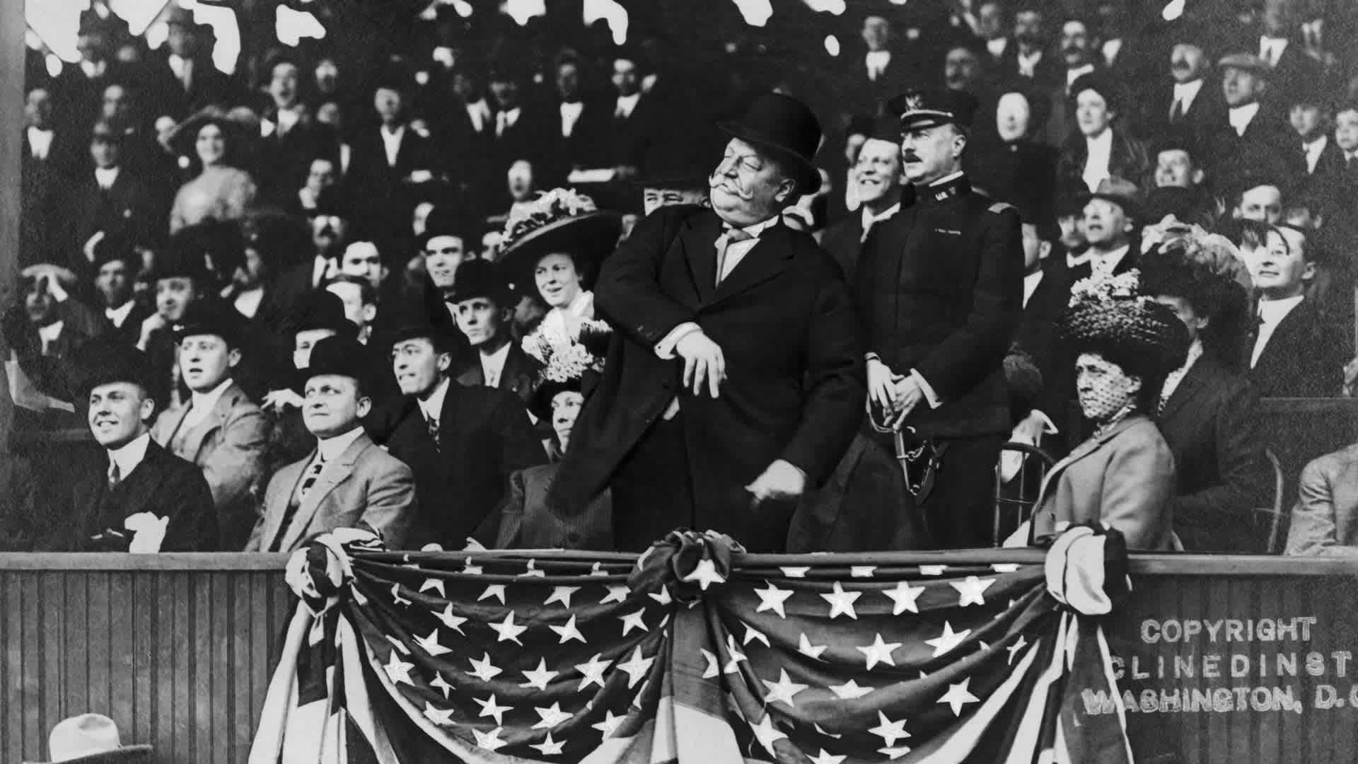 In this circa-1910 image, President William Howard Taft throws out the first pitch at a Major League Baseball Game.