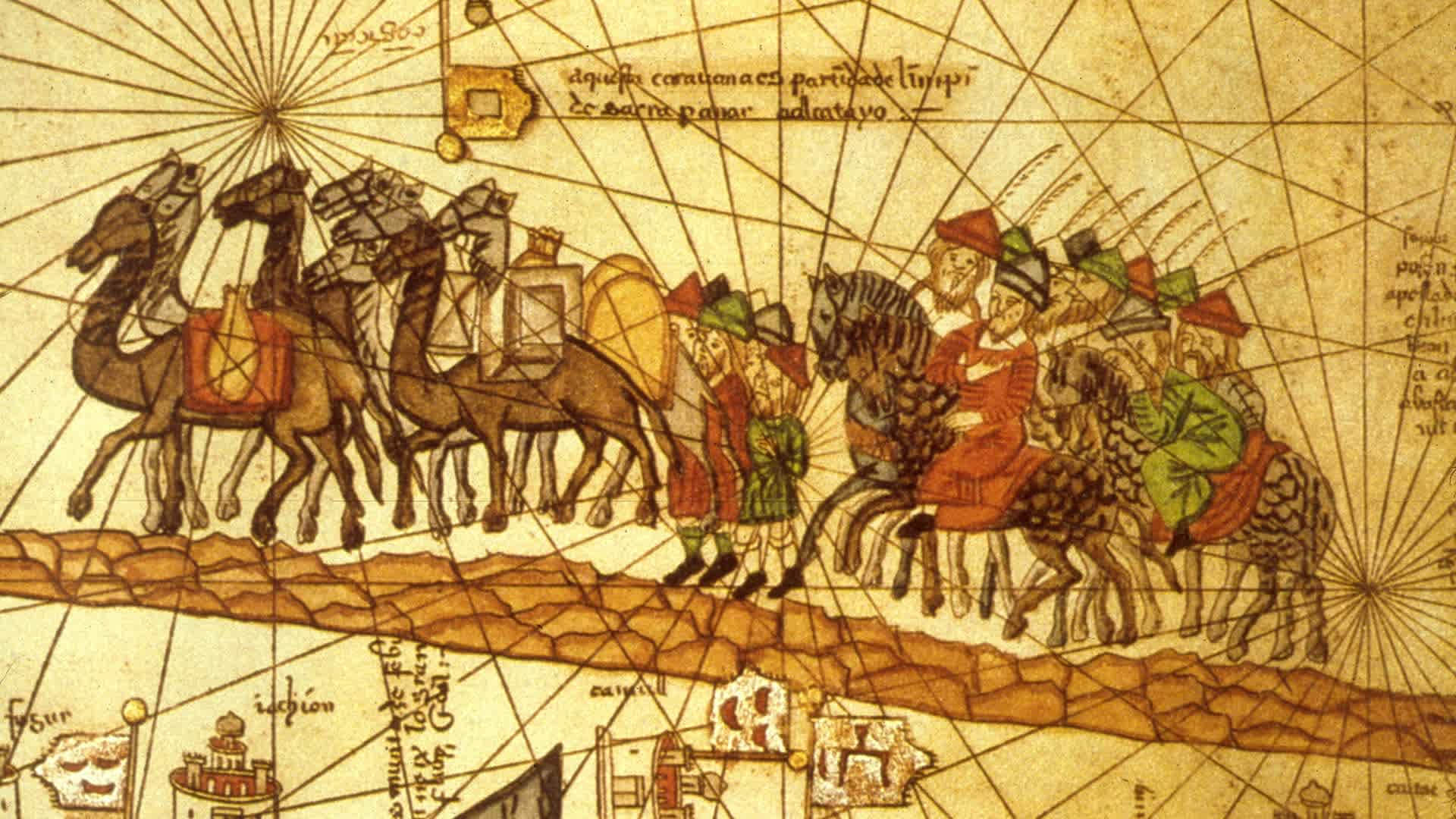 Illustrated map depicting the journey of the Venetian merchant Marco Polo (1254 - 1324) along the silk road to China.