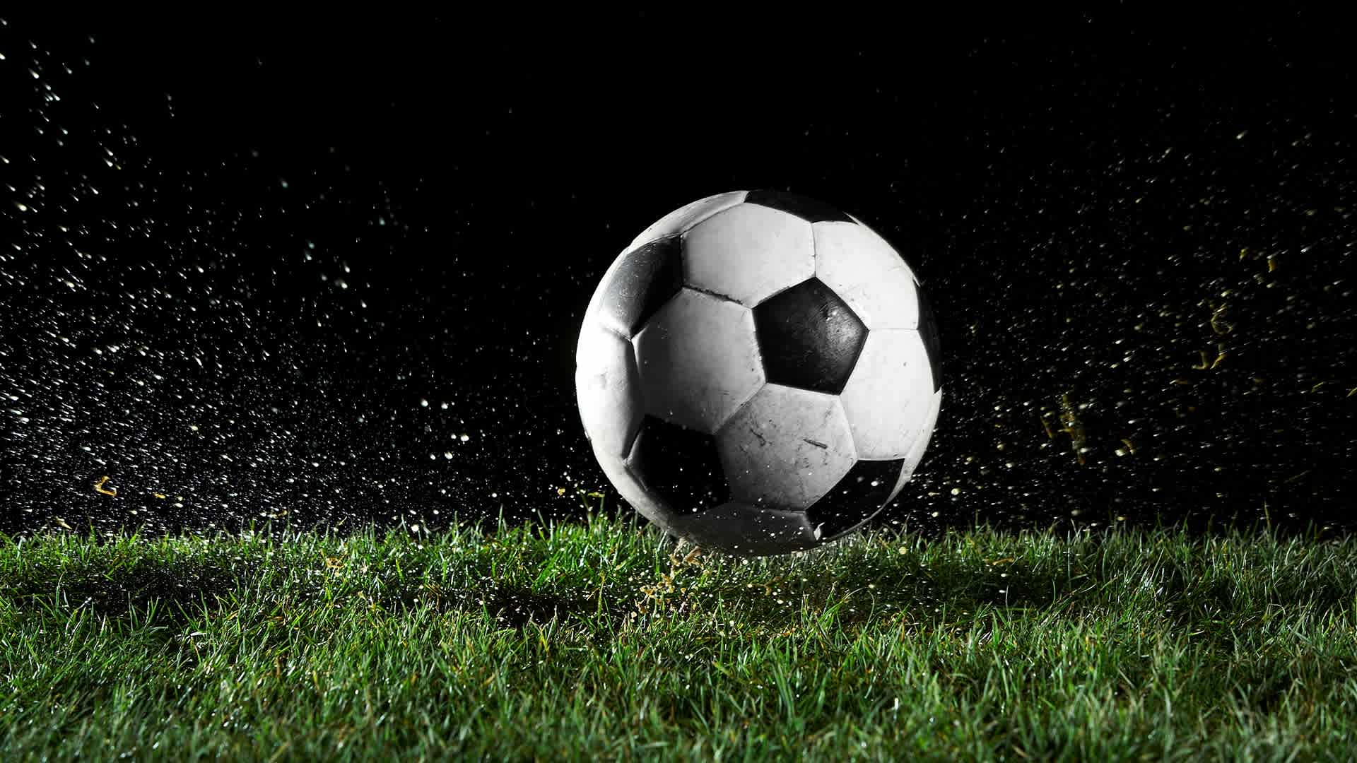 A soccer ball in motion over grass.