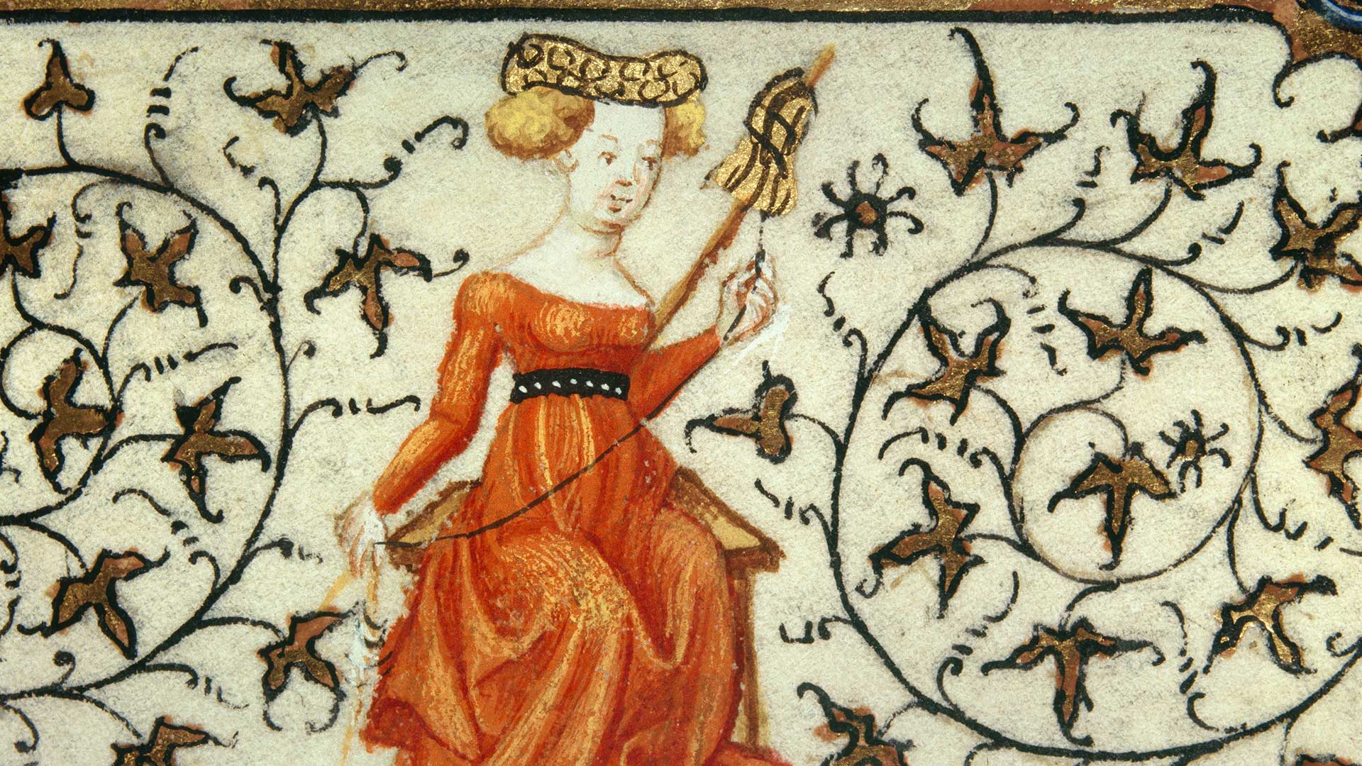 Spinner in the Middle Ages (Hours of the Duke of Guise), Miniature, Musee Conde in Chantilly, France.