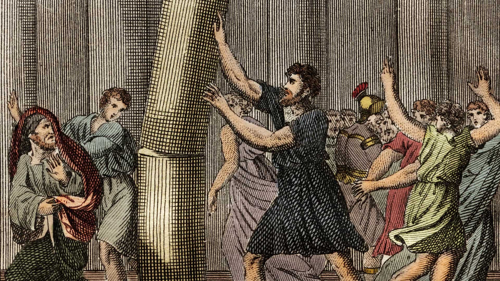 Extraordinary strength of Milo of Croton, engraving from "Le Rollin de la jeunesse ou Morceaux choisis des Histoires Ancienne et Romaine," 1816.