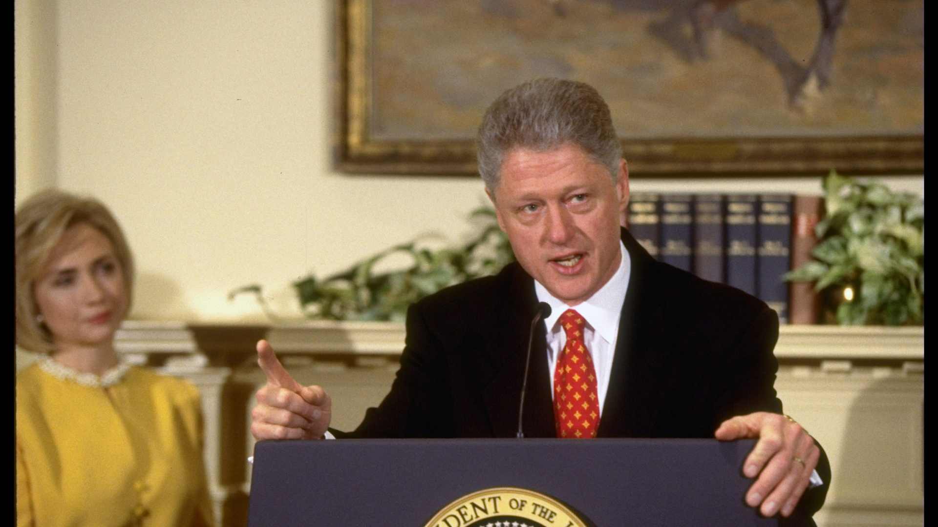 President Bill Clinton, with First Lady Hillary Rodham Clinton at his side, emphatically denies having affair with former White House intern Monica Lewinsky.  (Photo by Diana Walker//Time Life Pictures/Getty Images)