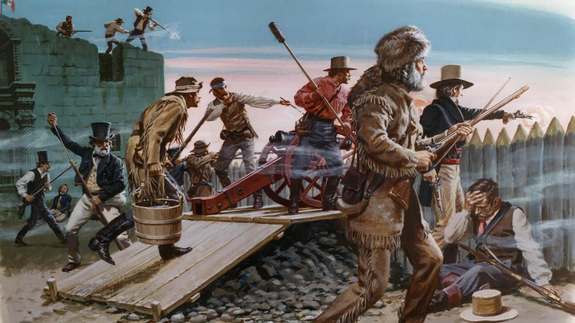 The final hours of the Battle of the Alamo with former congressman and frontiersman Davey Crocket in the foreground on March 6, 1836 in San Antonio, Republic of Texas, Illustrated by Ed Vebell