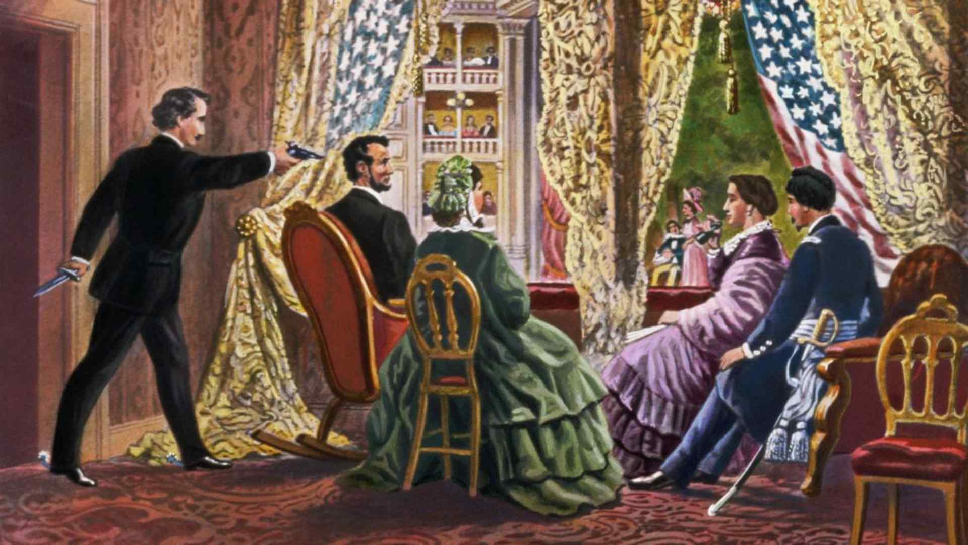 The assassination of President Abraham Lincoln at Ford's Theater in Washington, D.C, 1865.