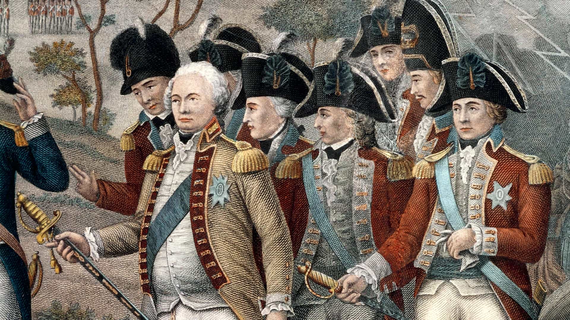 UNITED STATES - CIRCA 2002: The British officers Tarleton, Cornwallis, Abercrombie, O'Hara, Symmonds, Dudas and Chewton, detail from The British surrendering their Arms to General George Washington after their defeat at Yorktown, October 1781, by John Francis Renault, engraving. American War of Independence, the United States, 18th century. (Photo by DeAgostini/Getty Images)