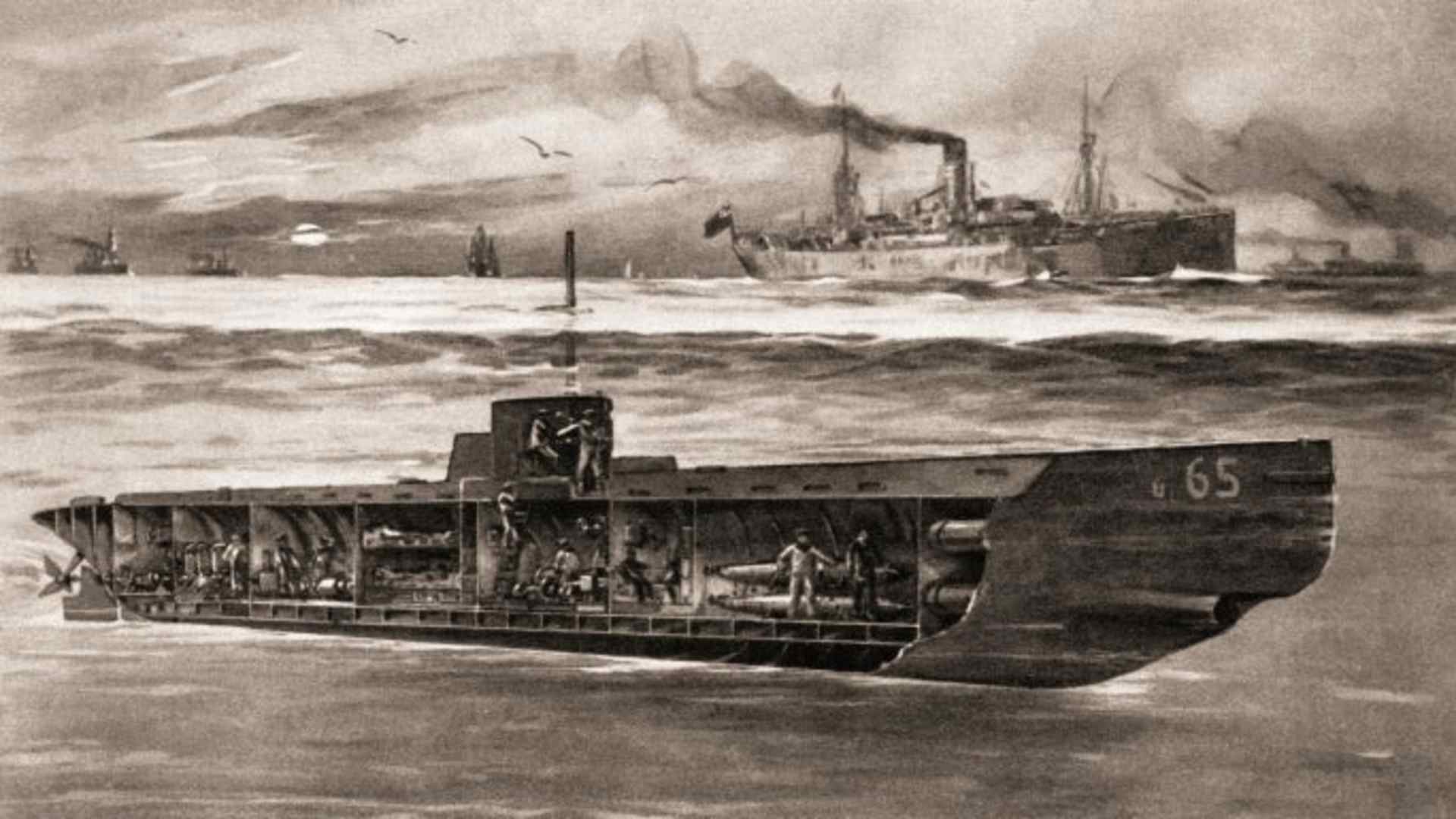 A German drawing of a submerged U boat in British waters during World War One. (Credit: Classic Image/Alamy)