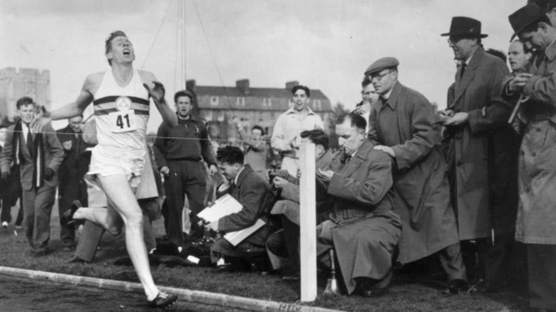 Roger Bannister about to cross the tape at the end of his record-breaking run.