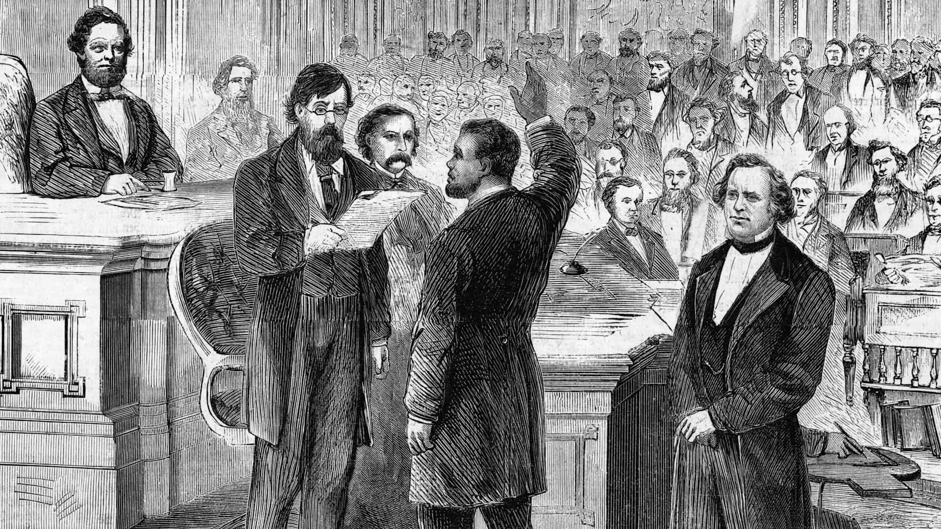 Hiram Revels taking the oath of office in Washington, D.C. as the Senator of Mississippi in 1870.