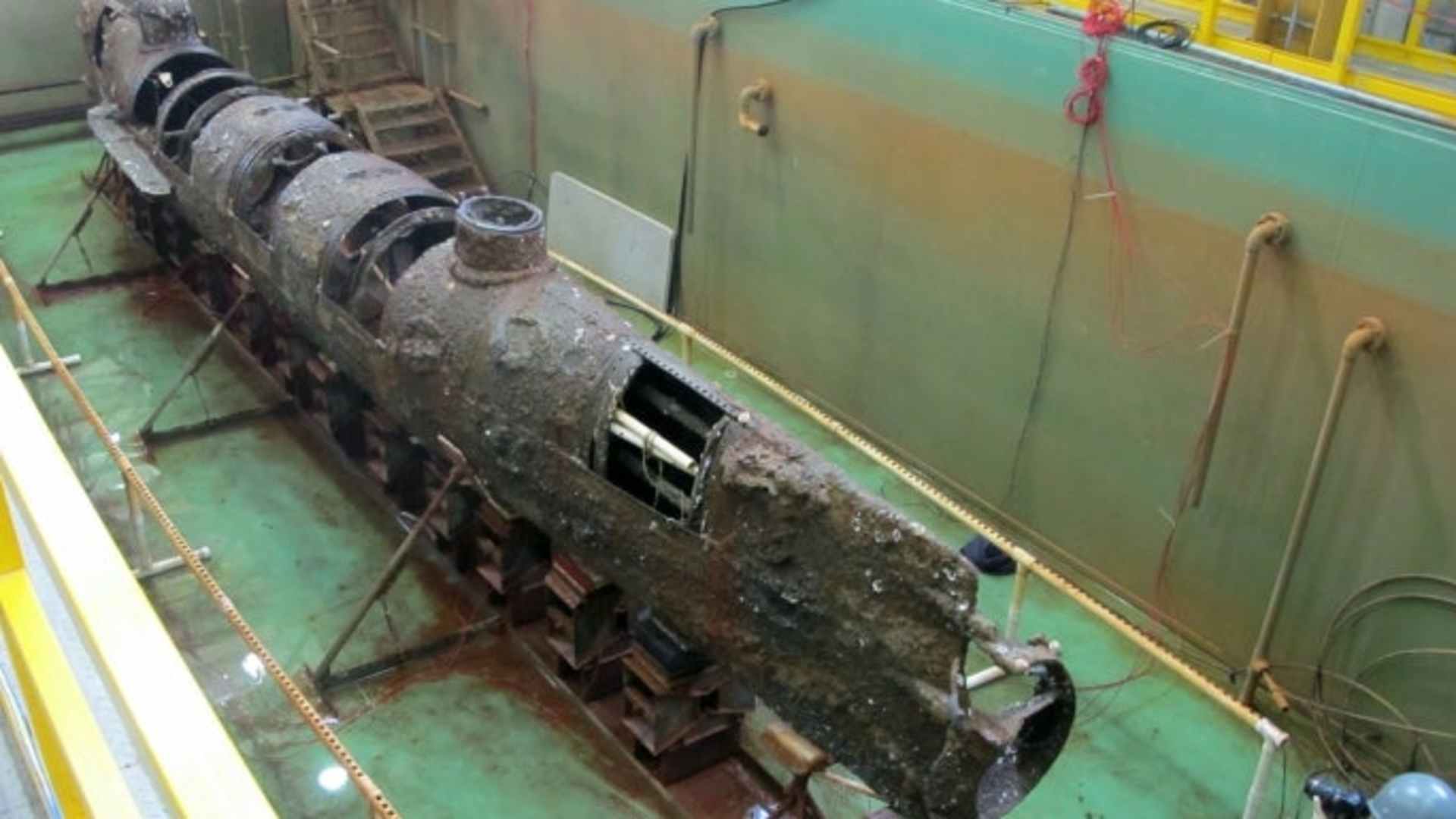 The H.L. Hunley in conservsation lab in North Charleston, South Carolina.