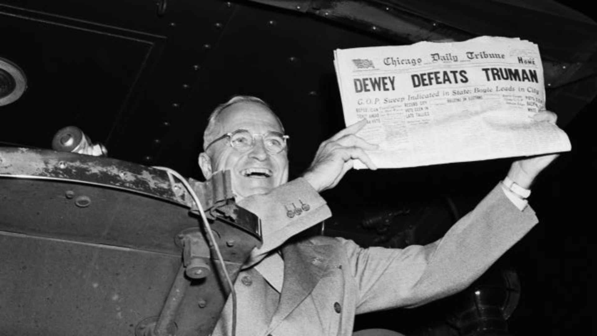 President Harry Truman holds up a copy of the Chicago Daily Tribune declaring his defeat to Thomas Dewey.