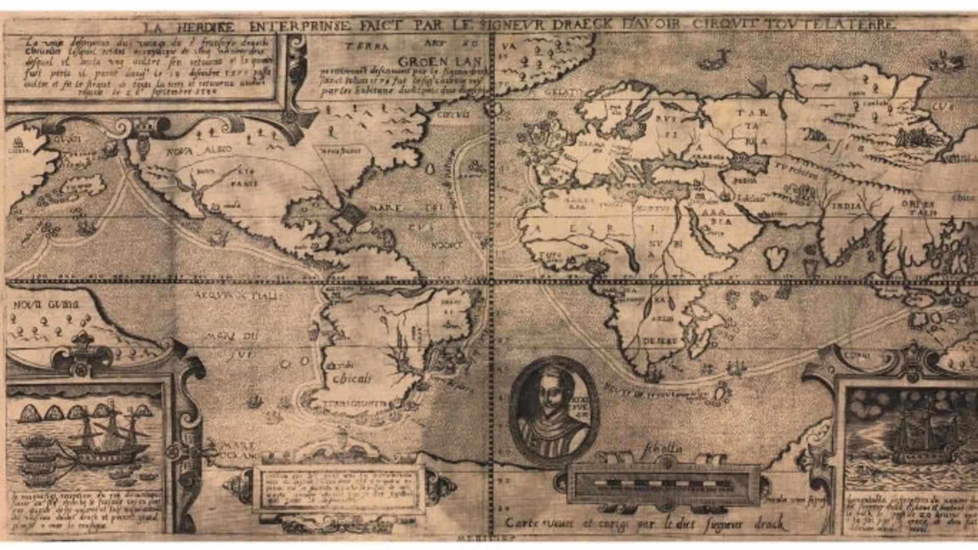 A 1581 map showing Sir Francis Drake's round-the-globe explorations.