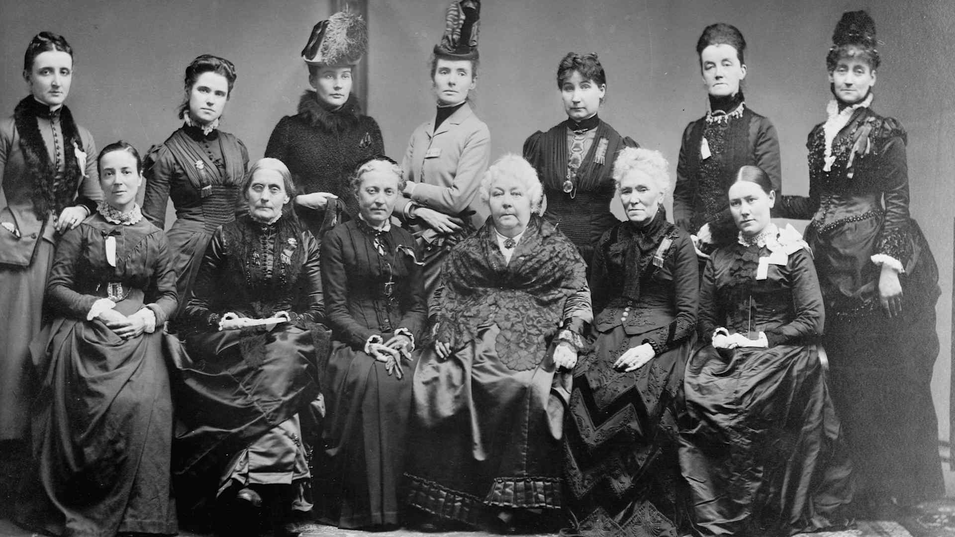 Susan B Anthony, front row and second from the left, with Elizabeth Cady Stanton, two seats over, with executive committee members from the International Council of Women.