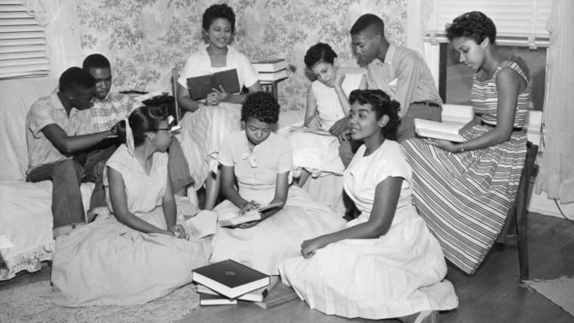 The Little Rock Nine forming a study group after being prevented from entering Little Rock's Central High School. (Credit: Bettmann Archive/Getty Images)
