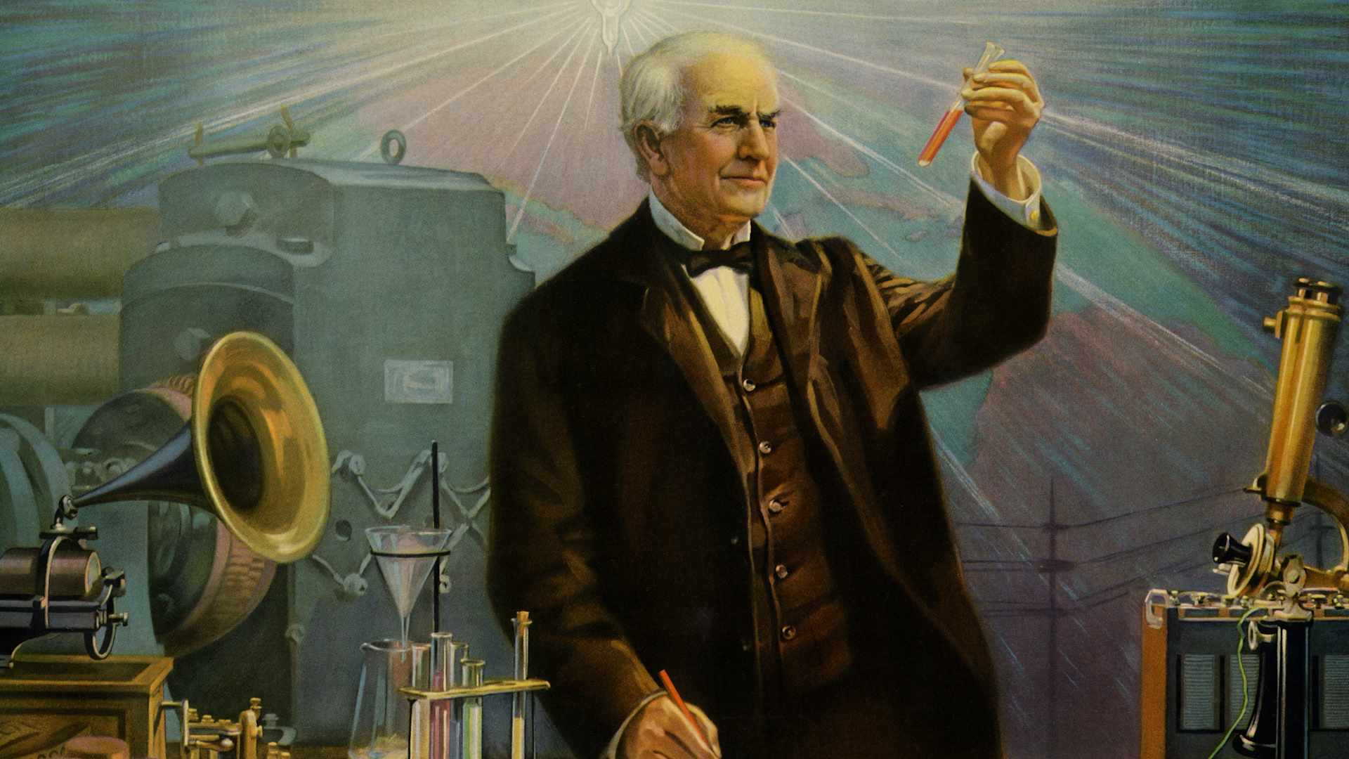 The great American inventor Thomas Edison is surrounded by his creations.
