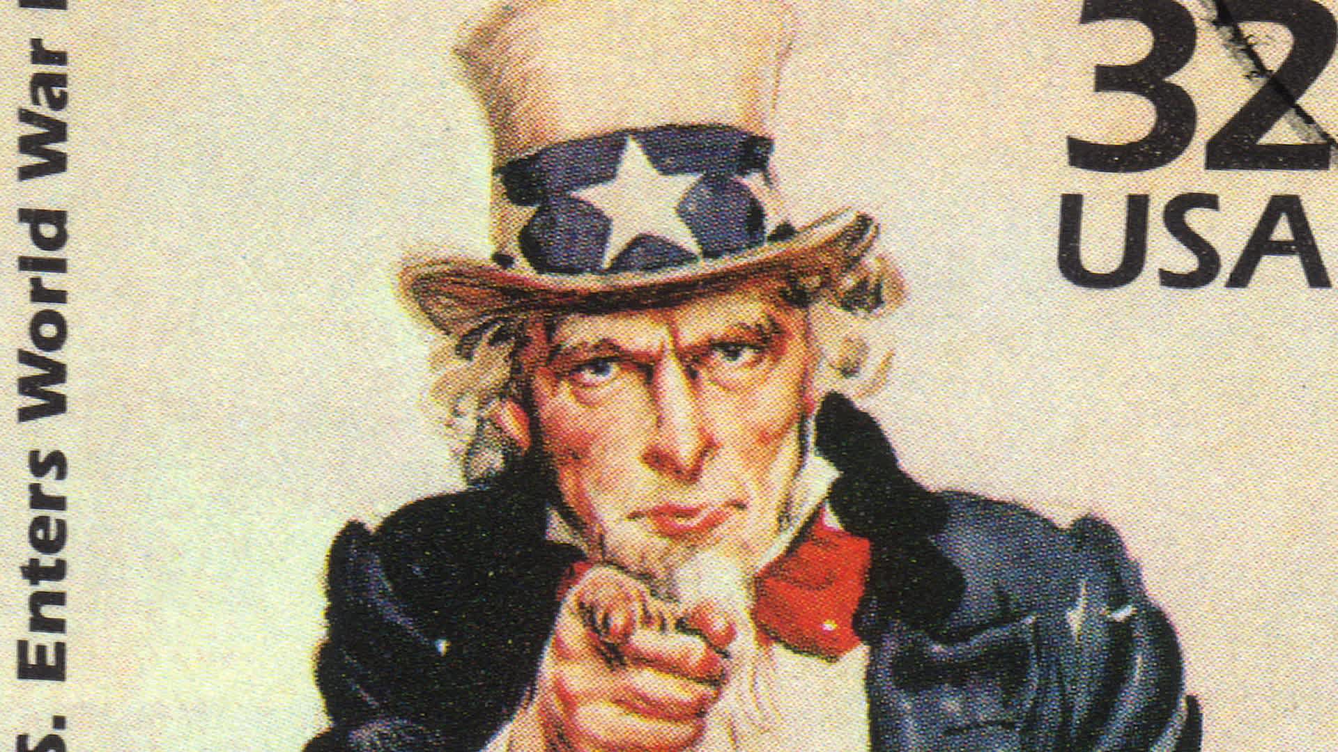 Uncle Sam on a vintage U.S. postage stamp.