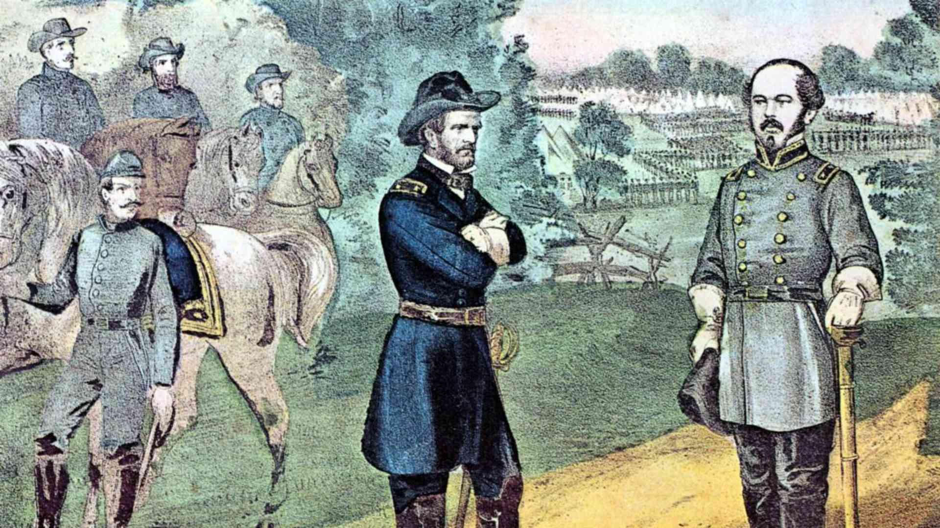 Union General William Tecumseh Sherman, left, meeting General Joseph E. Johnston to discuss terms of surrender of Confederate forces in North Carolina.