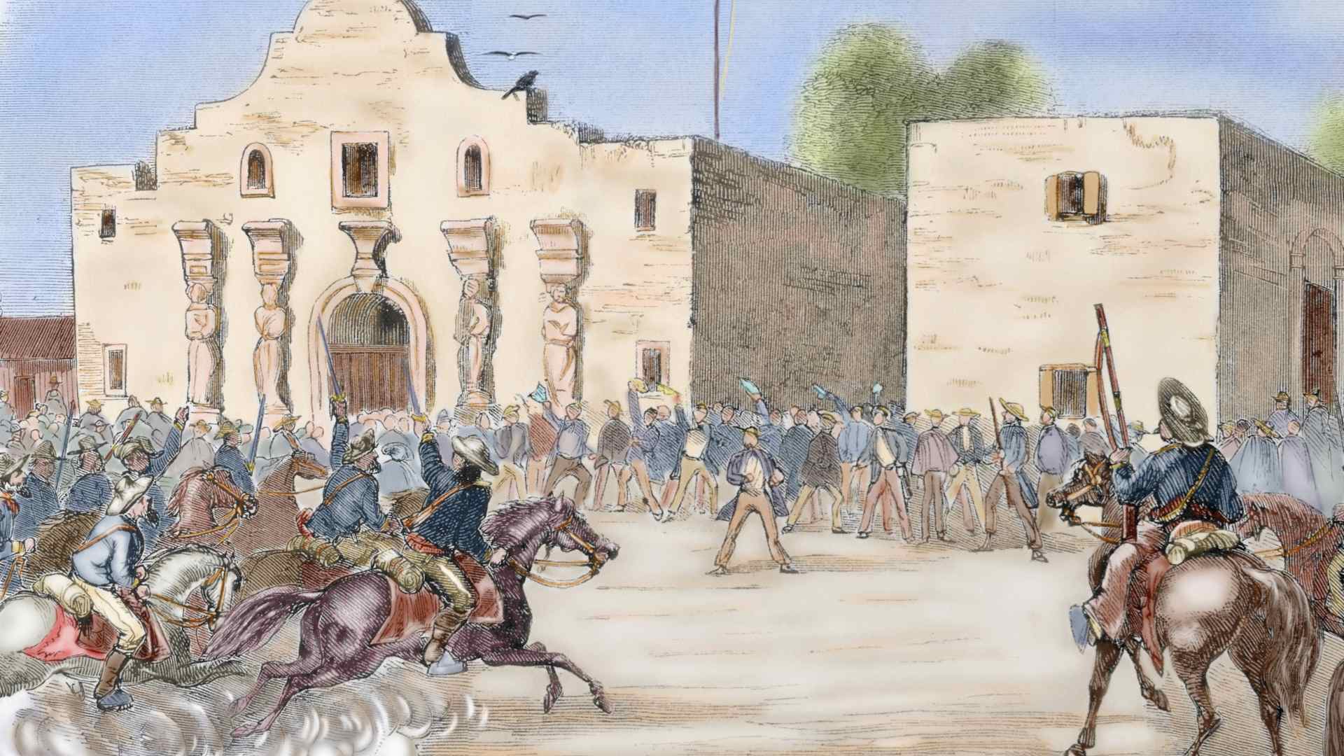 In December 1845, during the presidency of James Knox Polk, Texas became a state of the Union. The annexation meant the Mexican-American war of 1846-1848. Texas State Flag waving over The Alamo, San Antonio, after being admitted to the Union a month before the start of the Civil War, 1845.