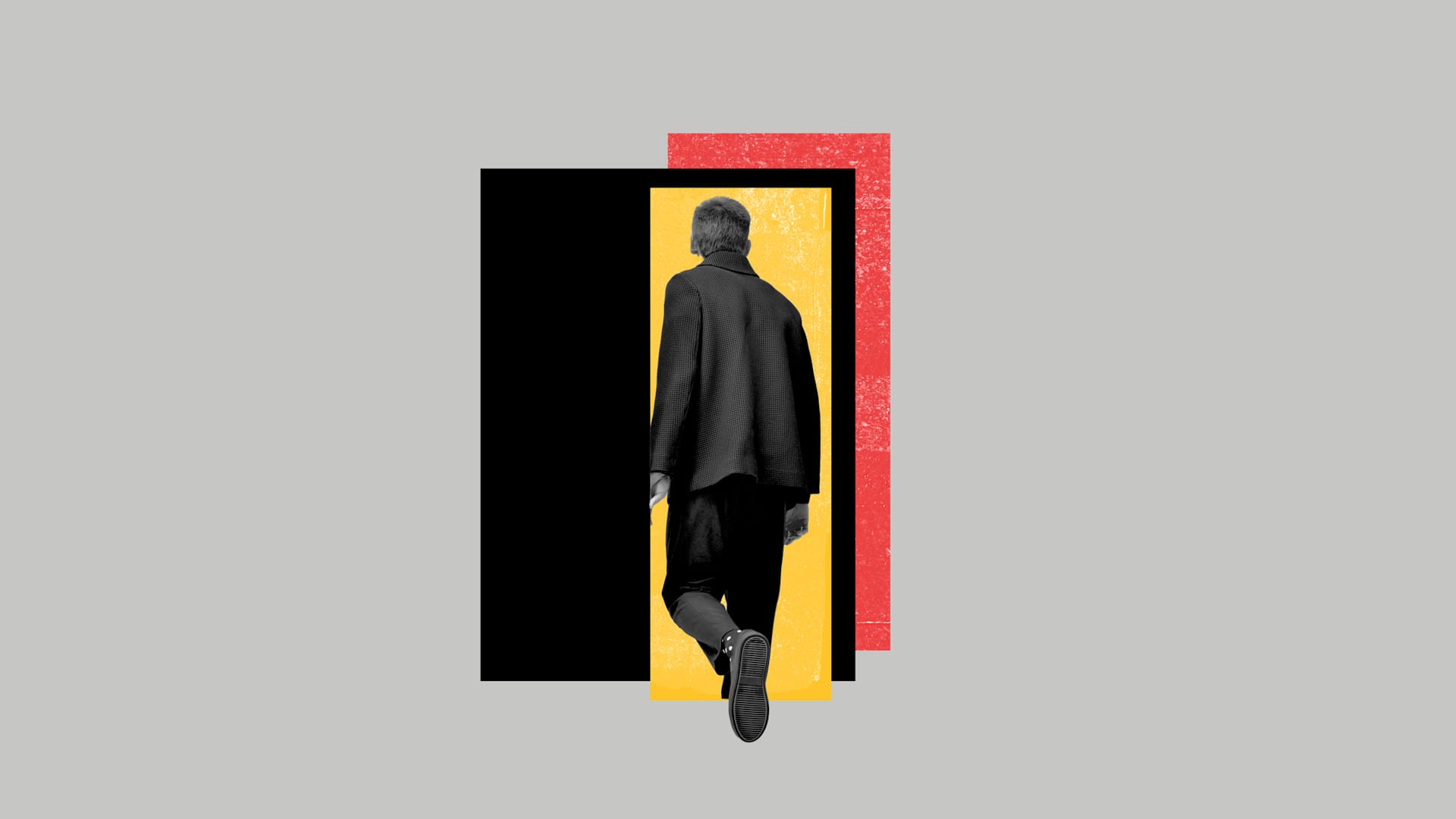 Image of a man walking through a door. 