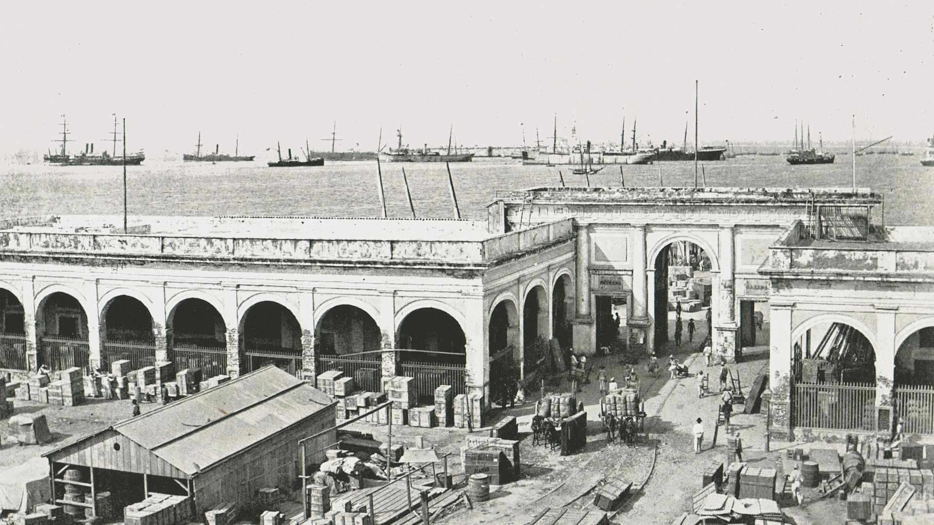 The Custom House, Veracruz, Mexico, 1895. Goods piled up at the Caribbean port of Veracruz.