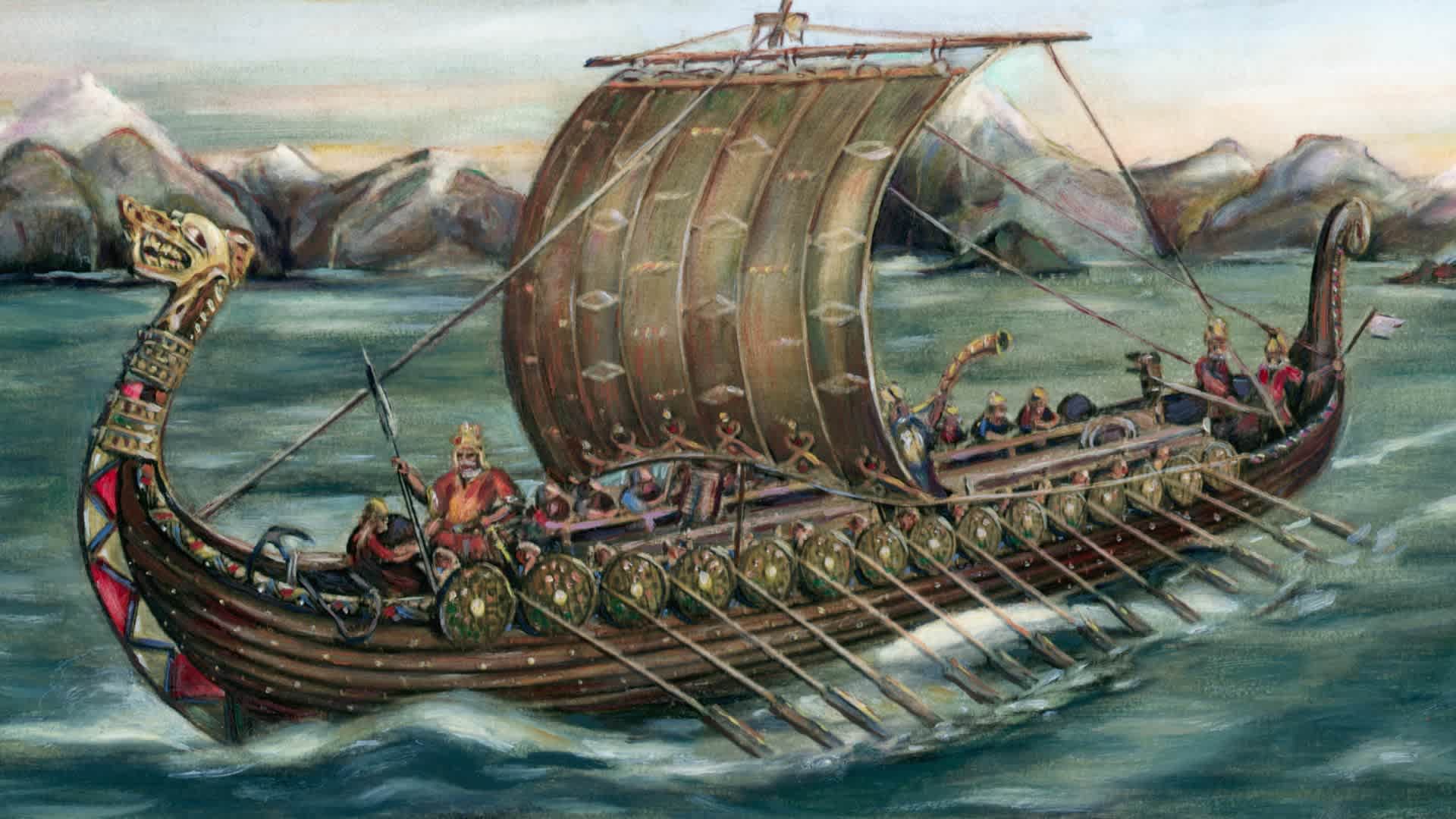 Illustration of a Viking Trading Ship Leaving Norway for an Expedition (Original Caption) Viking trading ship of the 8th century leaving on an expedition from Dawn Ladir Cliffs, Norway.