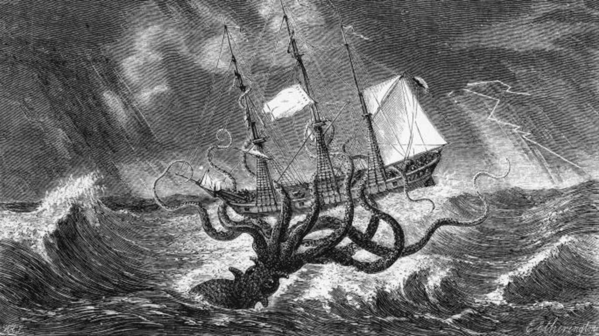 Vintage engraving of The Kraken, as Seen by the Eye of Imagination, 19th Century.