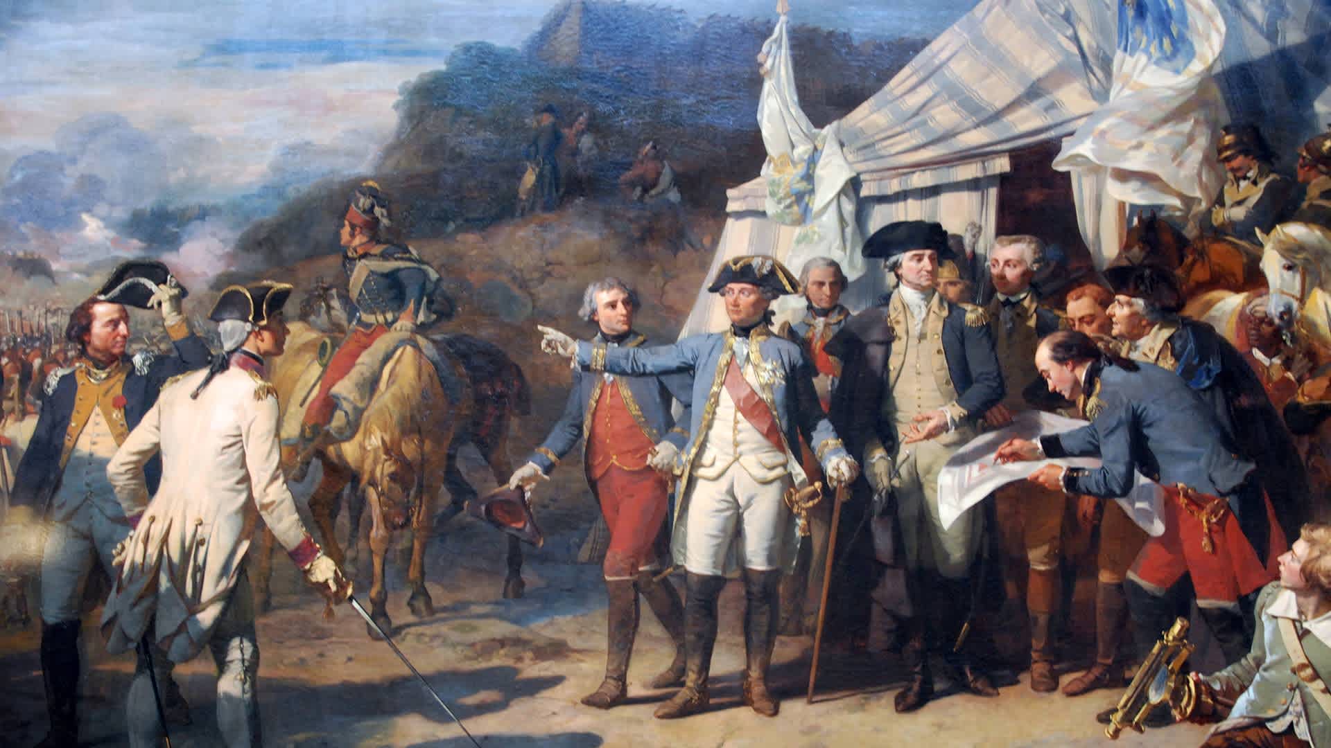 Siege of Yorktown. General Rochambeau and general Washington give last orders before an attack, October 1781. Auguste Couder (1789–1873). Artist Auguste Couder, 1836.
