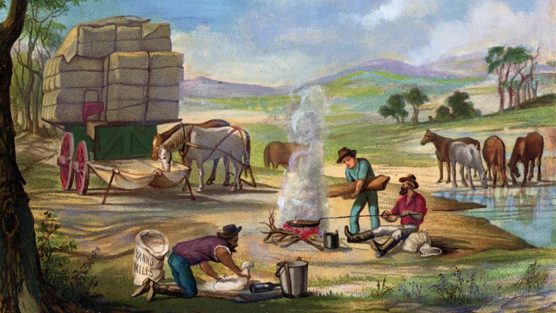 Teamsters Camping For The Night(Original Caption) Westward Movement. Teamsters establishing camp for night. Mid 19th Century wash drawing.
