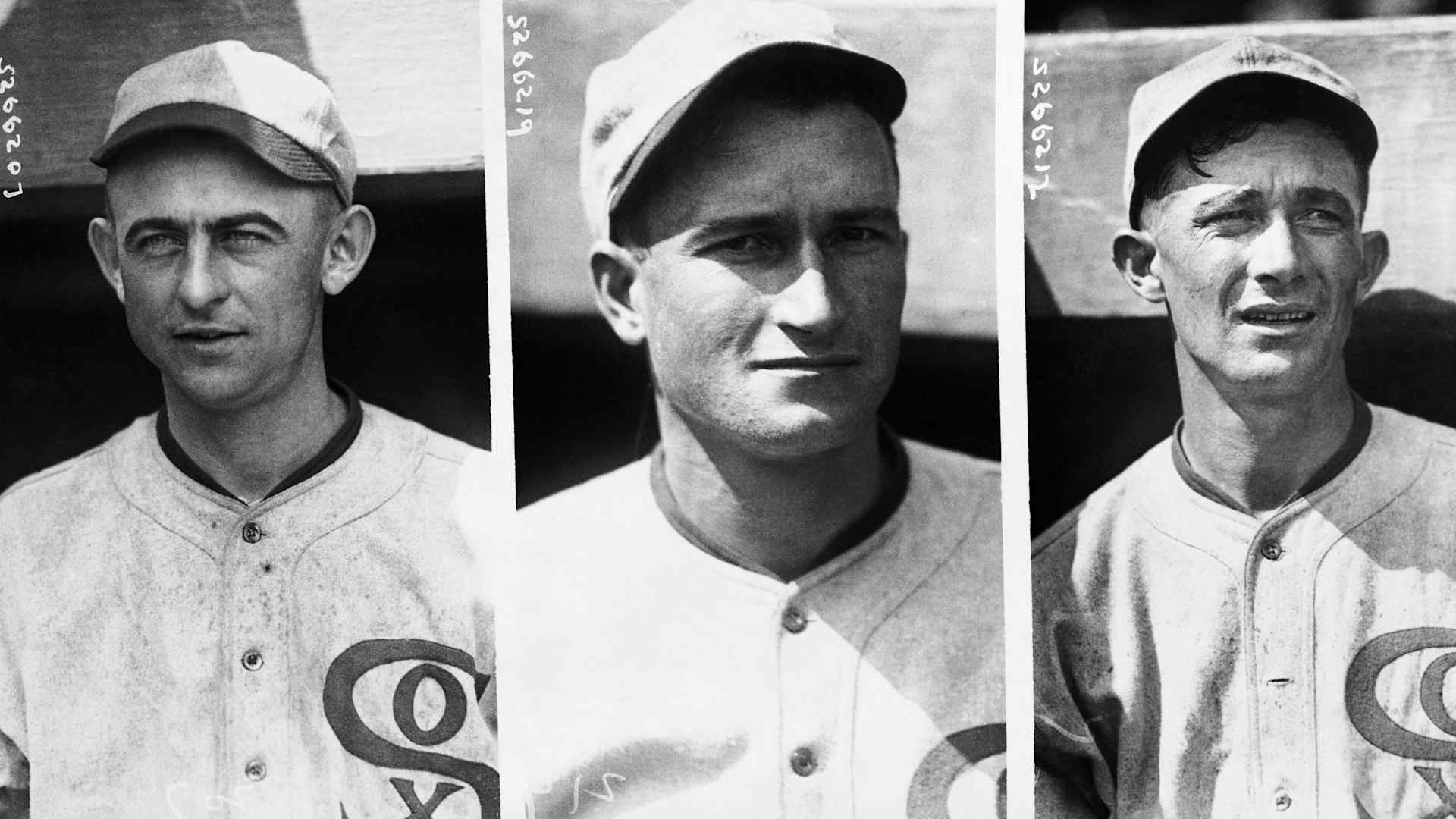 Three stars of the 1919 Chicago White Sox team. Infielder Fred McMullin (center) was implicated in the scandal. Credit: George Rinhart / Getty Images