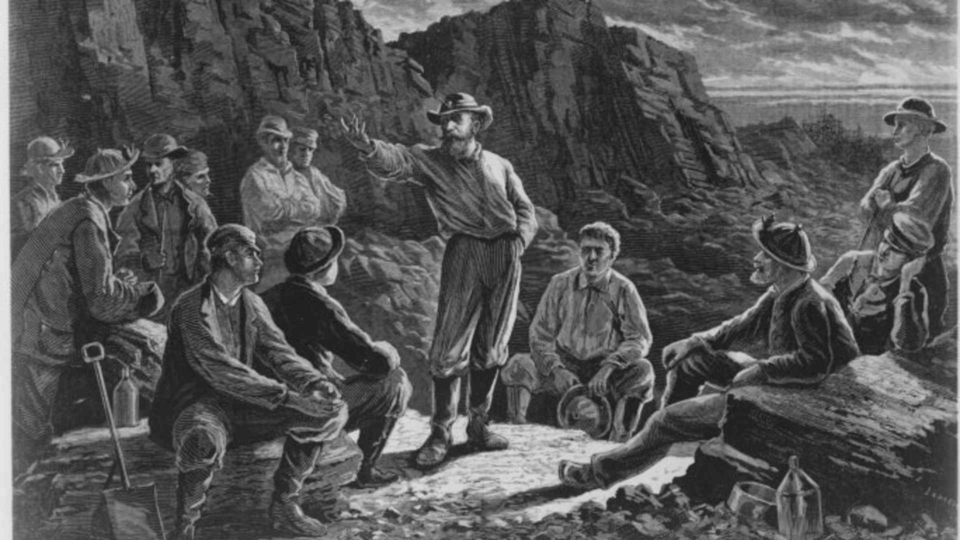 Illustration of a meeting of Molly Maguire men.