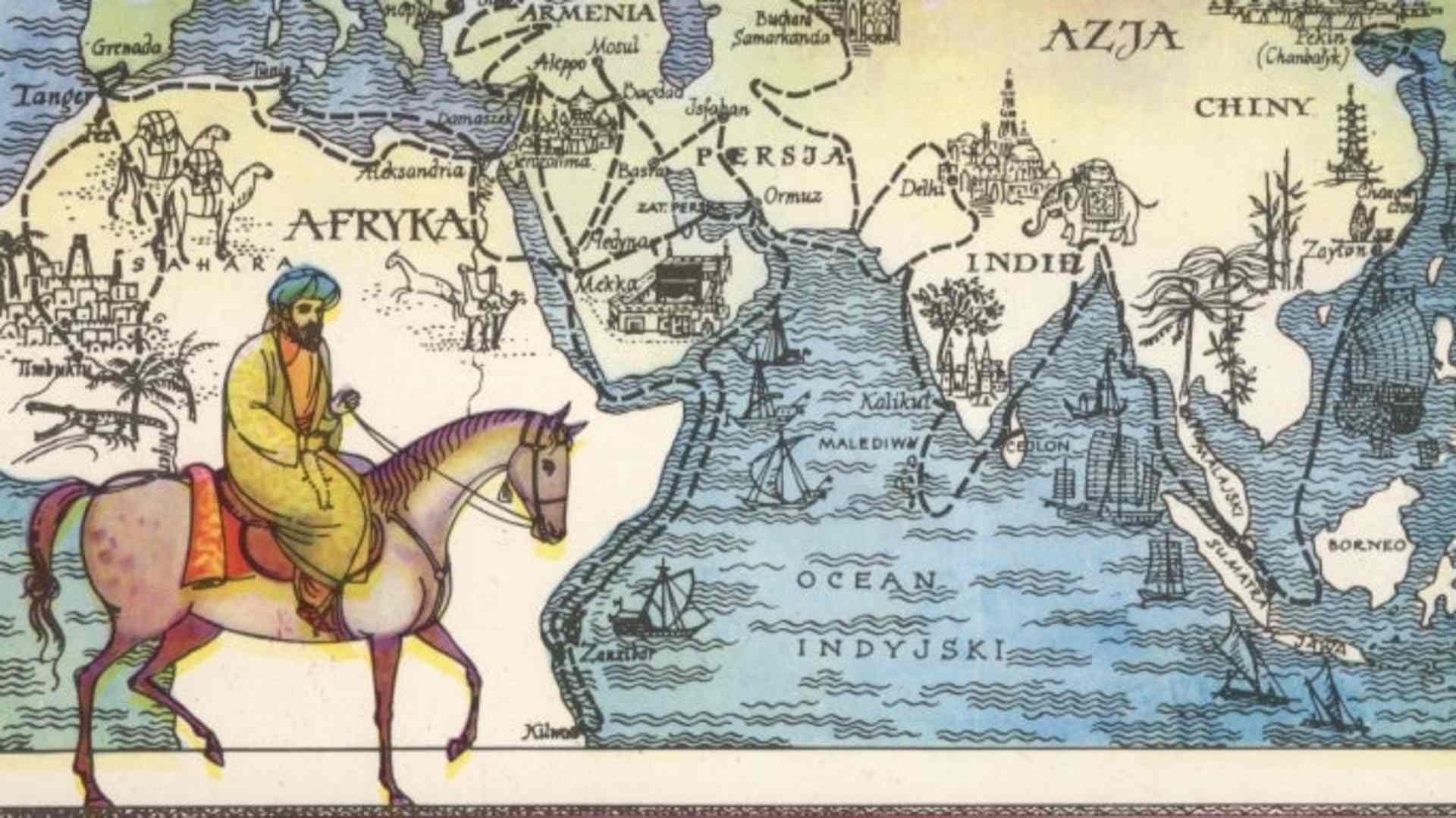 Explorer Ibn Battuta on horseback. Behind him, a map of his journey.