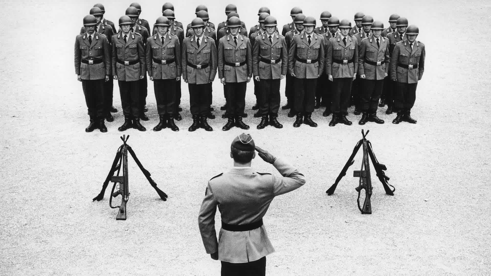 Bundeswehr soldiers assemble for roll call, 1966. (Credit: Rudolf Dietrich/ullstein bild via Getty Images)