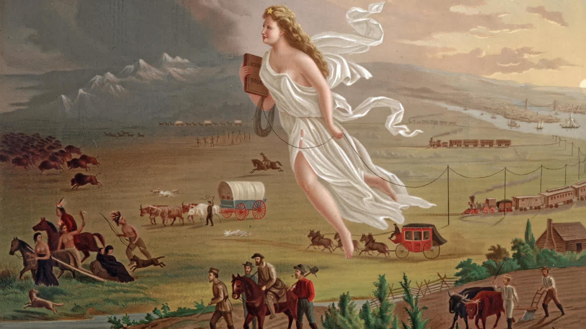 A woman in a white robe, the symbol of 'Manifest Destiny,' floating over the prairie as Native Americans and bison run in front of her, followed by signs of western expansion.