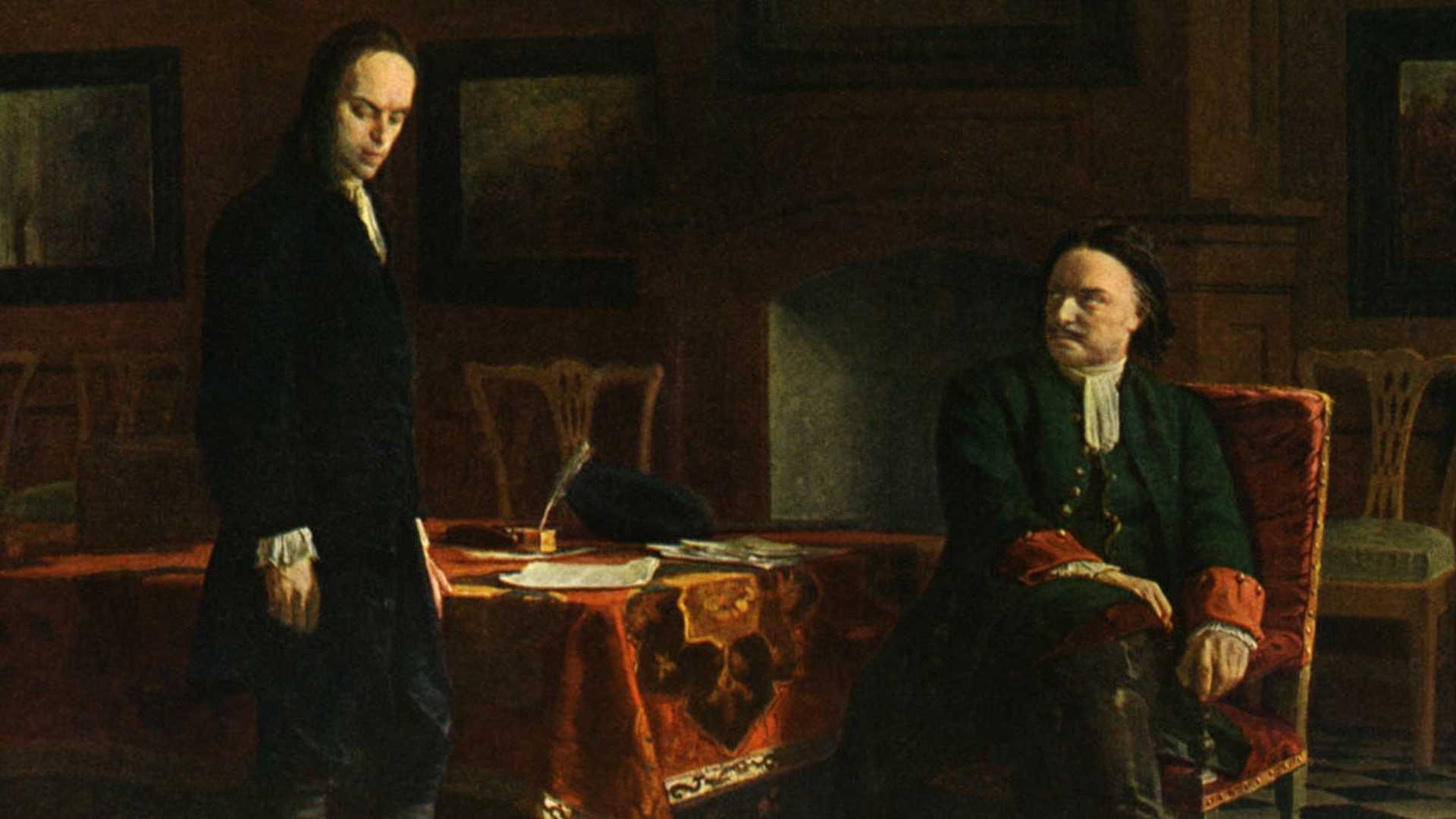 Seated Tsar Peter I of Russia, also known as Peter the Great, with his son tsarevich Alexei Petrovich. (Credit: Culture Club/Getty Images)