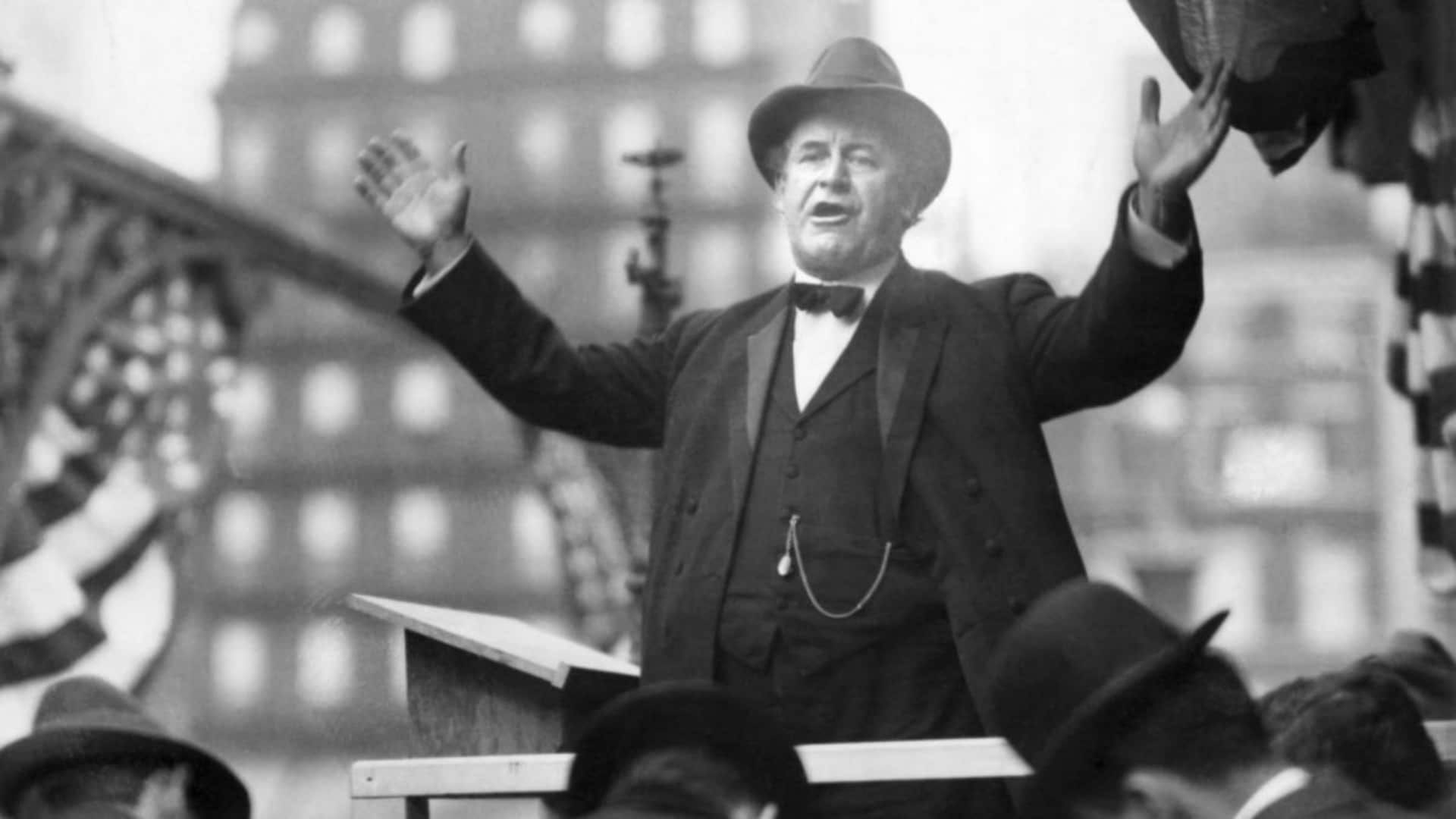 William Jennings Bryan, Democratic Presidential nominee, delivering a campaign speech in 1910. (Credit: Bettmann Archive/Getty Images)