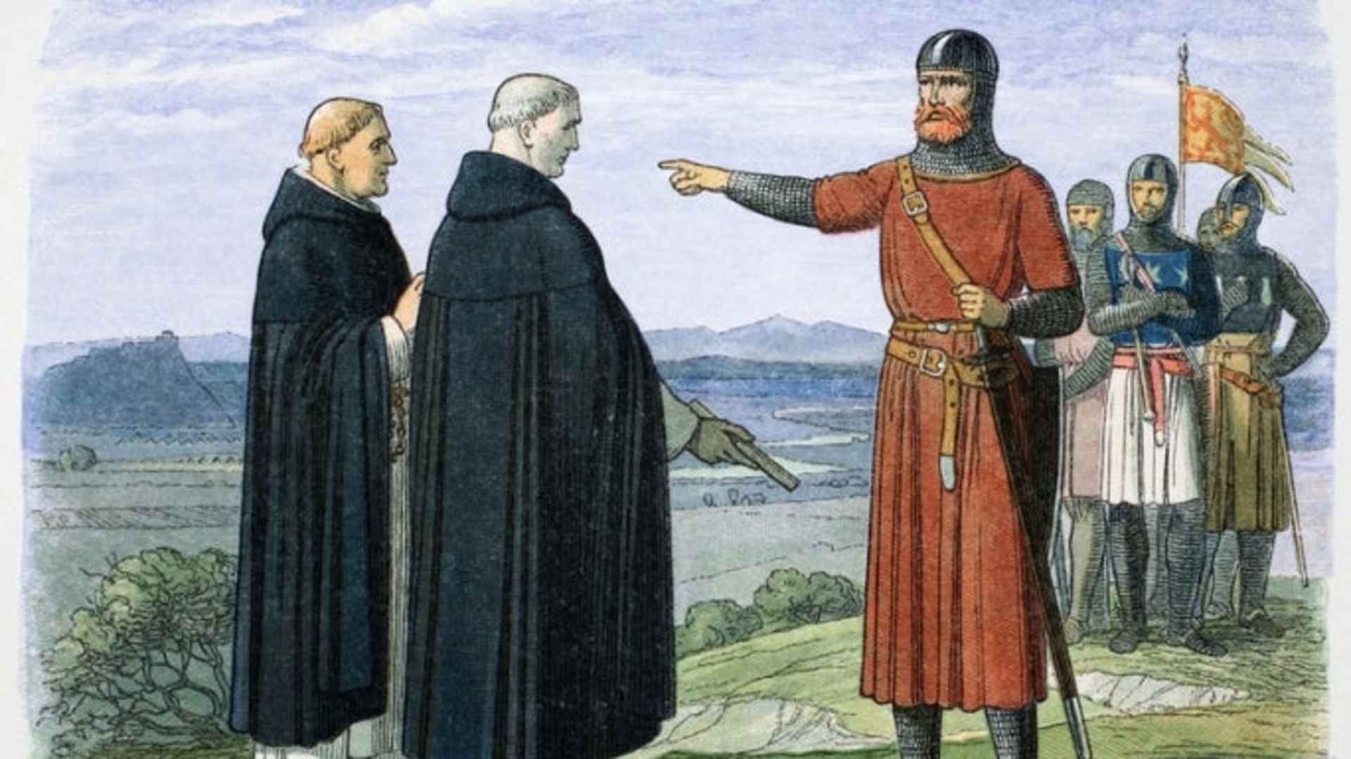 William Wallace rejects the English proposals, 1297 (1864). Wallace (1272-1305) shown rejecting the English proposals caried by two Dominican monks, telling them to return with the message that he and his men had come, not for peace, but for war. He began his rebellion against English rule in 1297. Artist James William Edmund Doyle. (Photo by Historica Graphica Collection/Heritage Images/Getty Images)