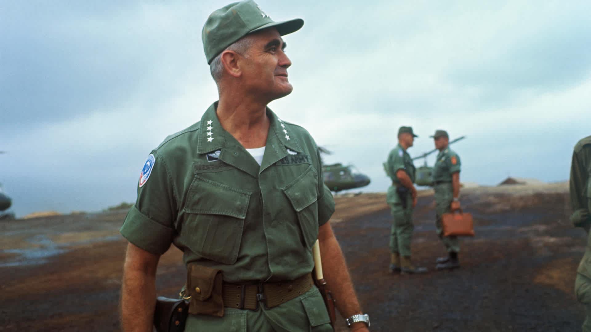 General William C. Westmoreland arrives at Camp Evans helicopter pad. While there he spoke with a group of newsmen, April 26, 1968.