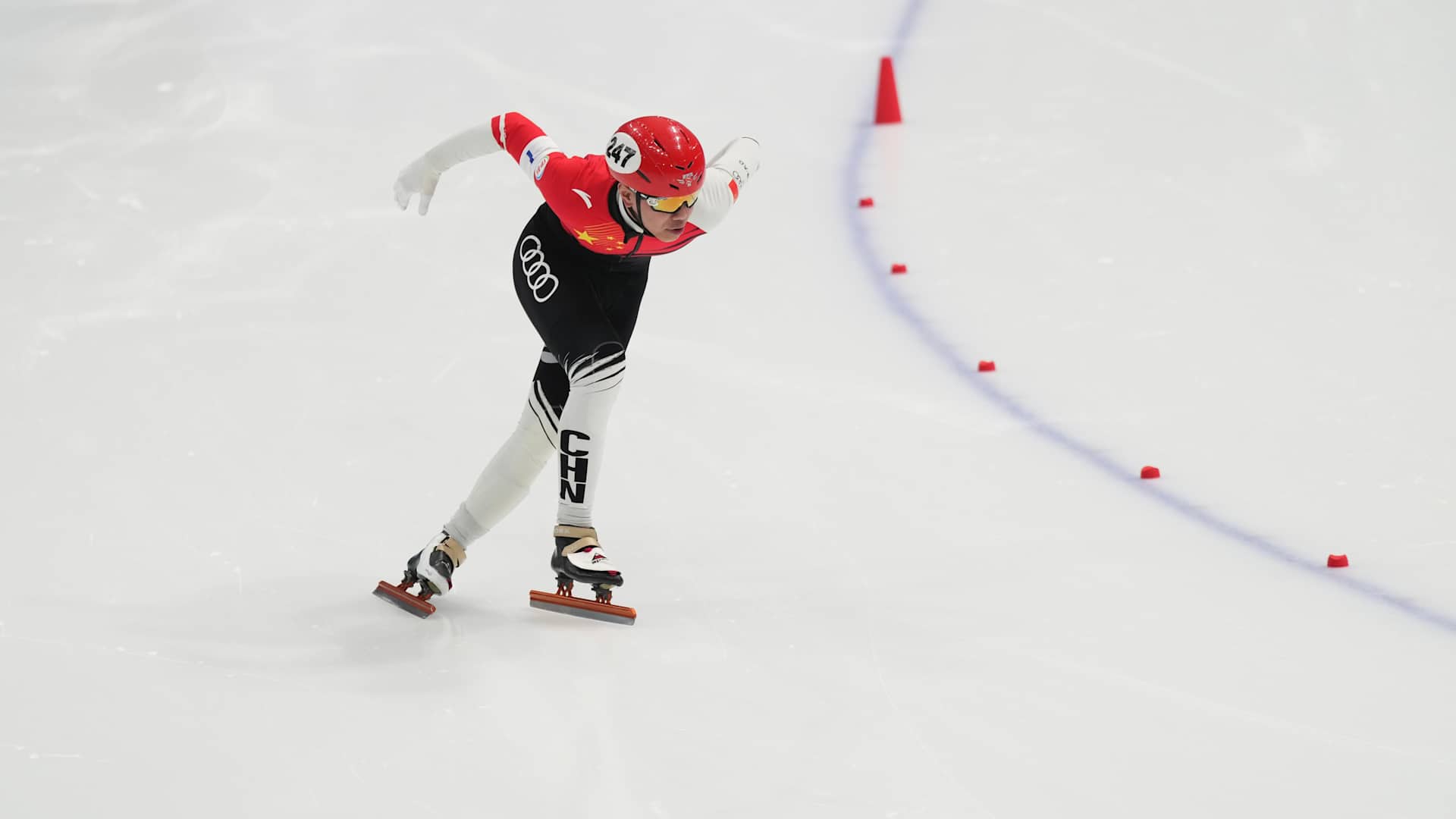 A men skates at the National Speed Skating Oval, also known as the 'Ice Ribbon', as China marks the one-year anniversary of Beijing 2022 on February 4, 2023 in Beijing, China.