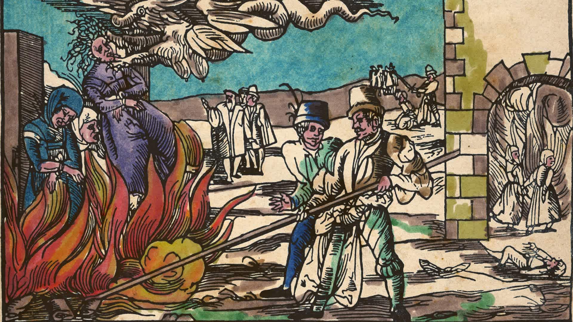 A colorized illustration from a newsletter about the public burning of 3 witches at Derneburg, Germany, in 1555.