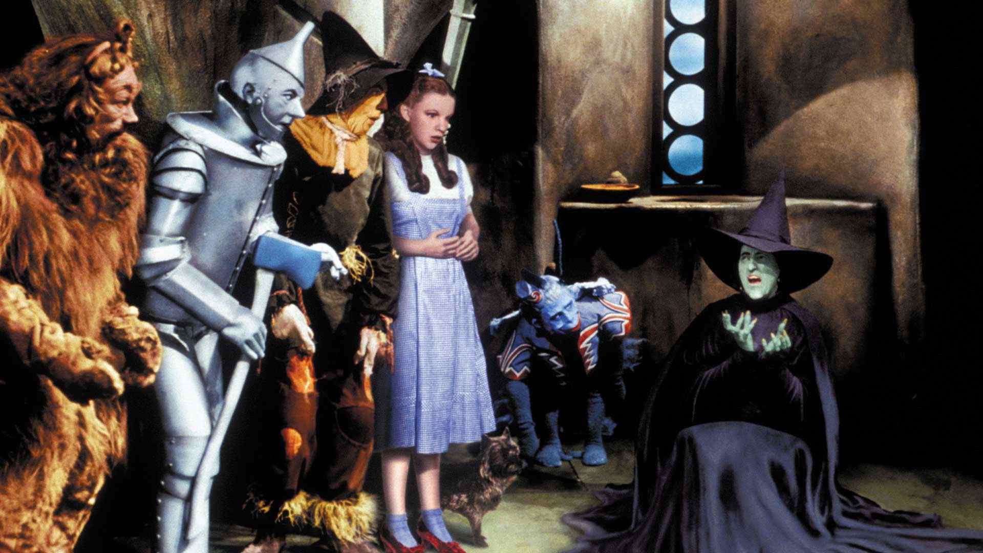 Actors Bert Lahr, Jack Haley, Ray Bolge, Judy Garland and Margaret Hamilton in a scene from the film 'The Wizard of Oz', 1939. Hamilton suffered severe burns during filming.
