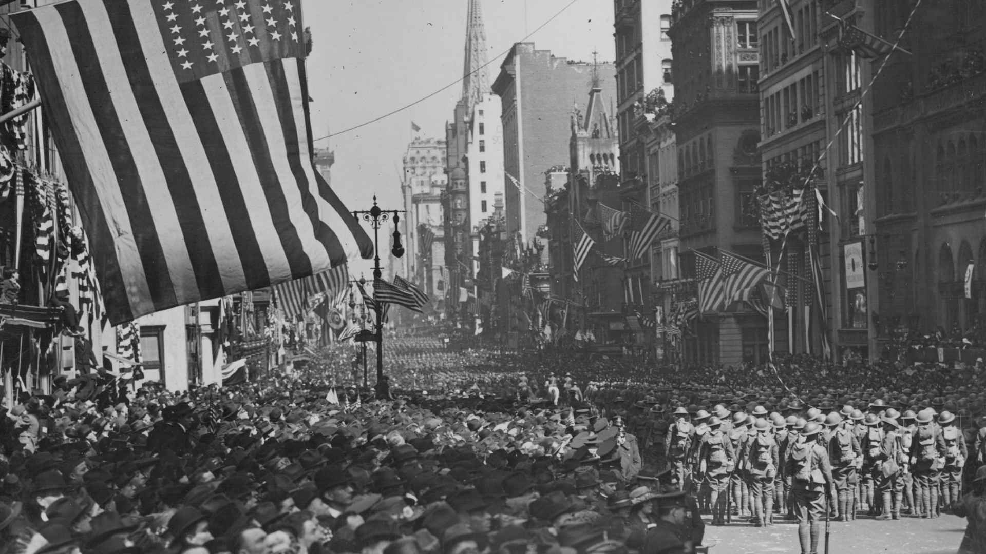 Crowds along Fifth Avenue in New York City celebrated Armistice Day in November 1918.