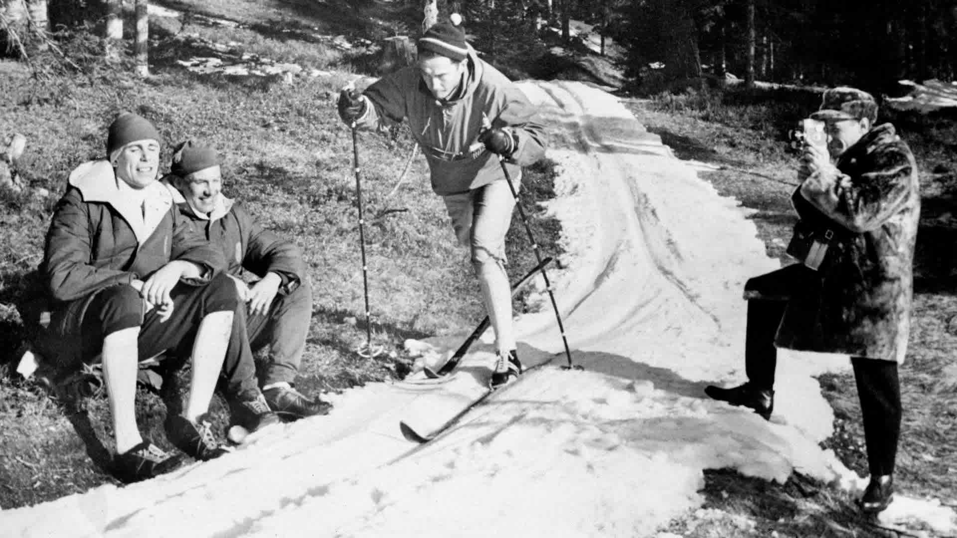 Czech cross country skier Pavel Koltsjin trains on a thin patch of snow on January 28, 1964 in Seefeld, near Innsbruck, Austria. Because of the lack of snow, Olympic officials had to call in Austrian soldiers to bring snow by military trucks to help prepare the tracks for the Games.