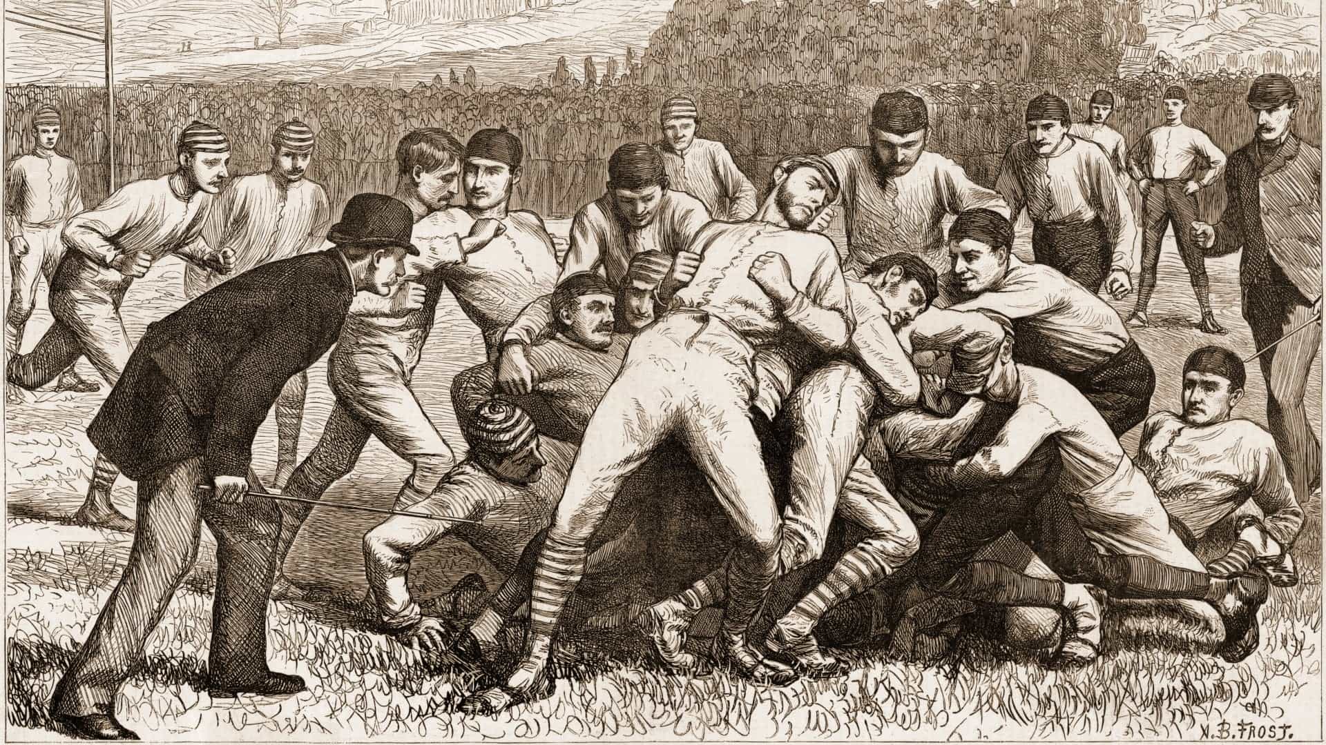 Wood engraving from Harper's Weekly magazine depicts onfield action during a football match between Yale and Princeton on Thanksgiving Day, November 1879. The match was a draw