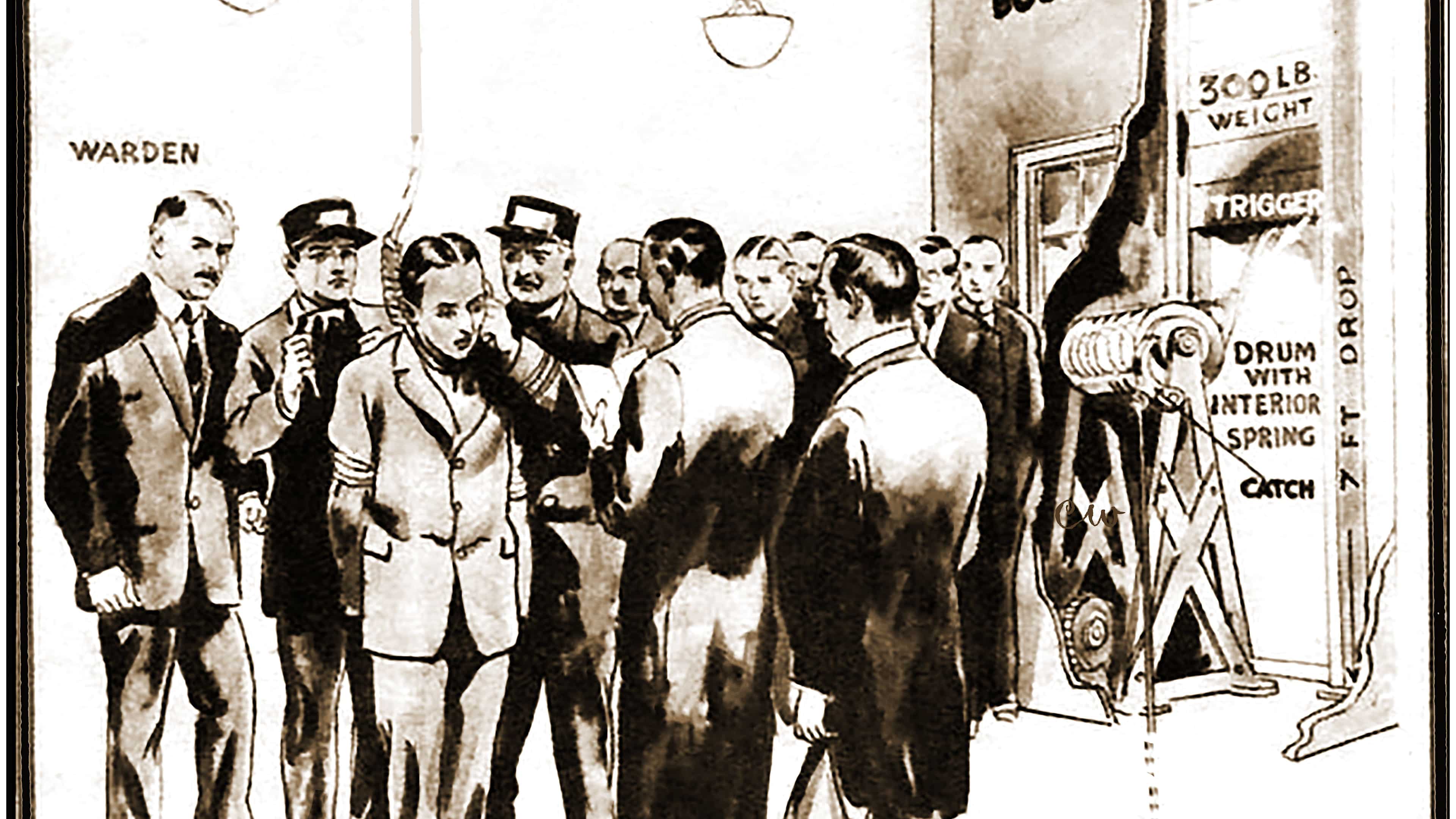 A 1930 image of the execution of Gerald Chapman (1887 or 1889 -1925) at  the state execution centre, Wethersfield Connecticut, USA , using an unusual noose and pulley system of hanging known as  the pull up system   (the first  execution of its kind ). Ch